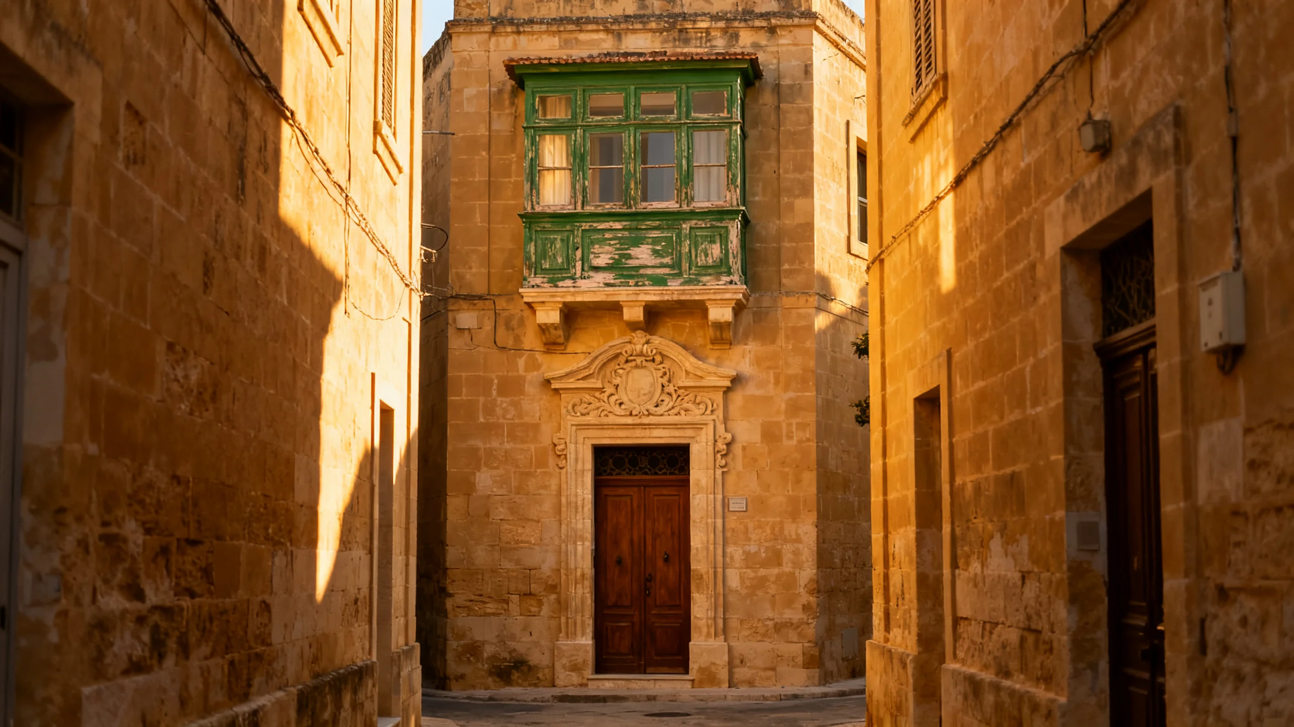 A small Maltese guesthouse entrance with a carved limestone portal and a traditional gallarija balcony above