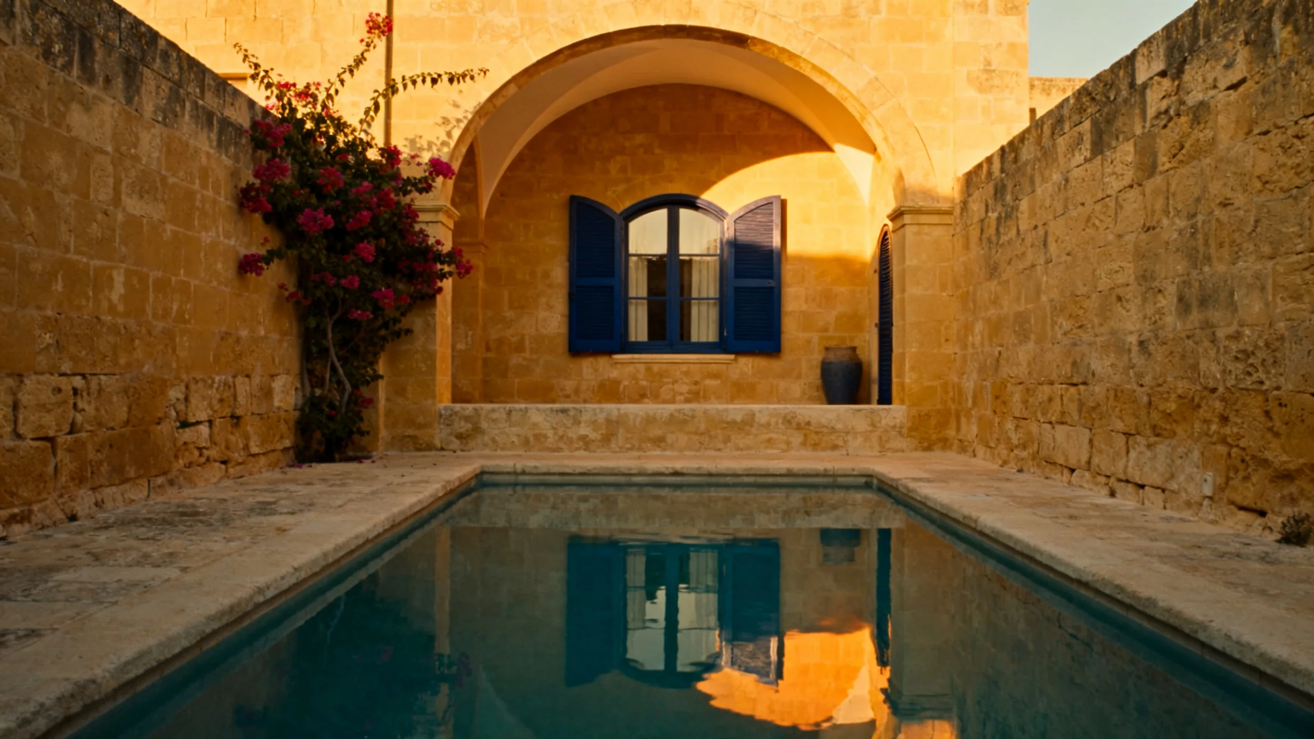 A converted Gozitan farmhouse with limestone walls, a small private pool, traditional shutters, and a courtyard garden at golden hour
