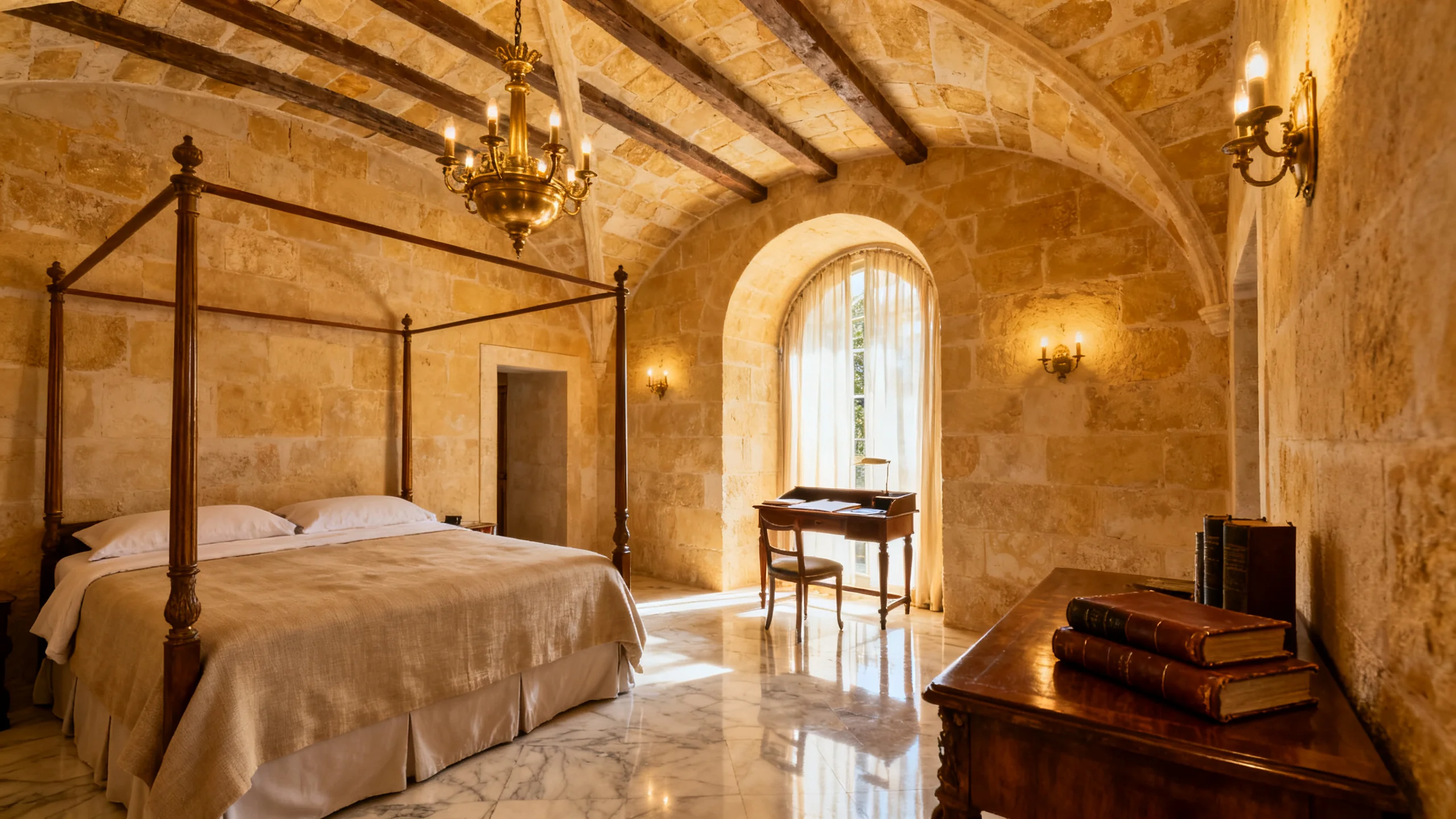 The interior of a luxury Valletta palazzo hotel suite with vaulted limestone ceiling, antique chandelier, and warm interior lighting