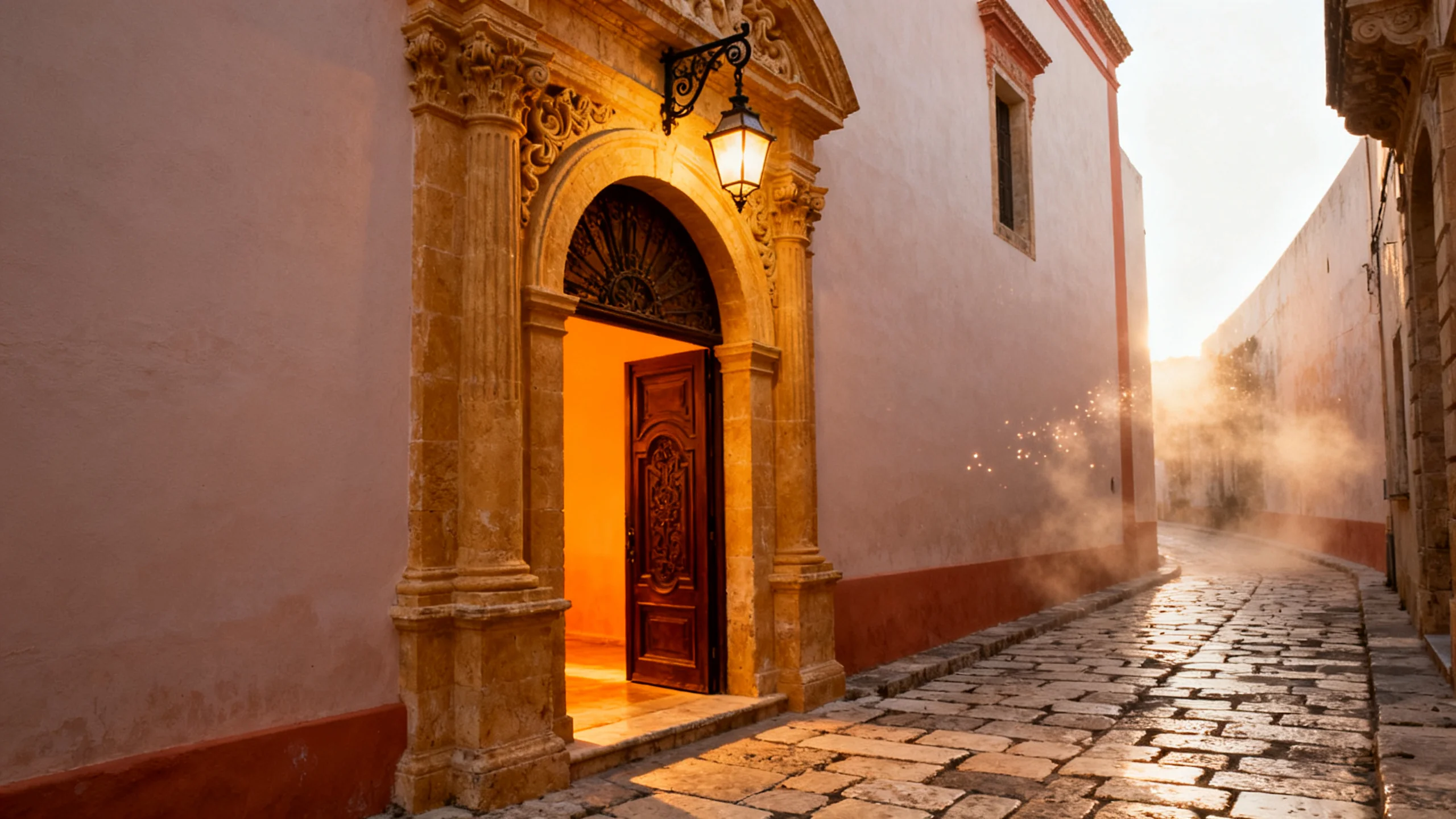 A restored 16th-century palazzo entrance inside the Mdina walls, with limestone arch portal and antique iron lantern