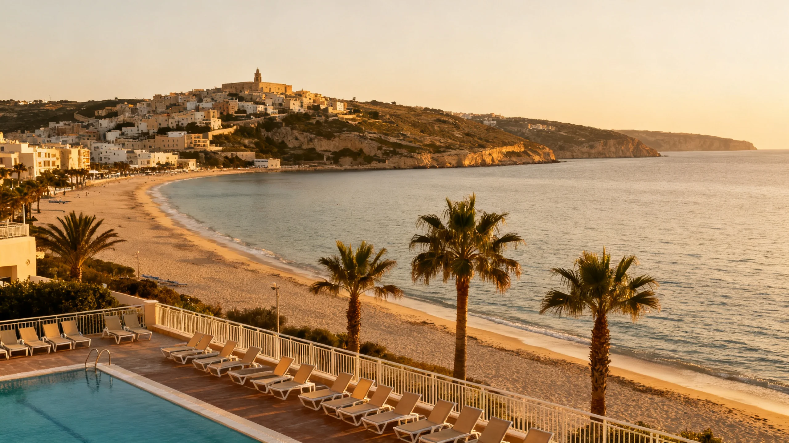 A beachfront hotel terrace at Mellieha Bay with pool deck, palm trees, and the bay below at golden hour