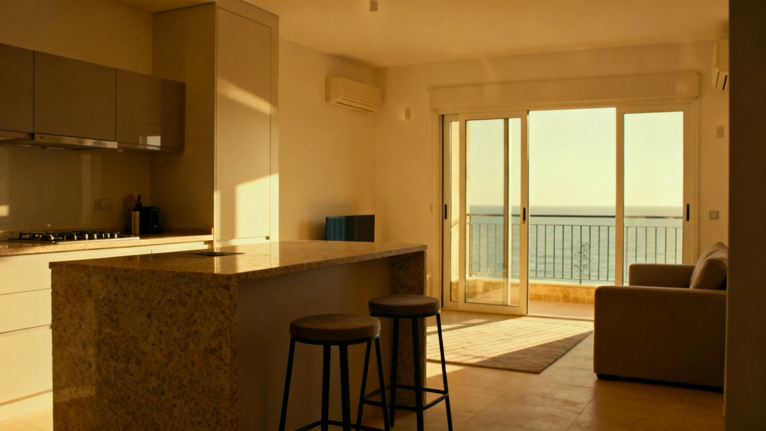 A modern self-catering apartment kitchen and living area with sea-facing balcony in Sliema, mid-morning