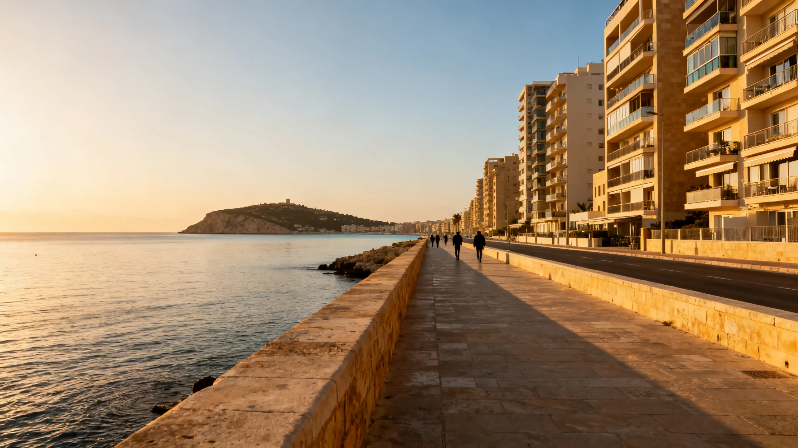 The Sliema seafront promenade and the St Julian's headland at golden hour, with apartment buildings and the calm Mediterranean