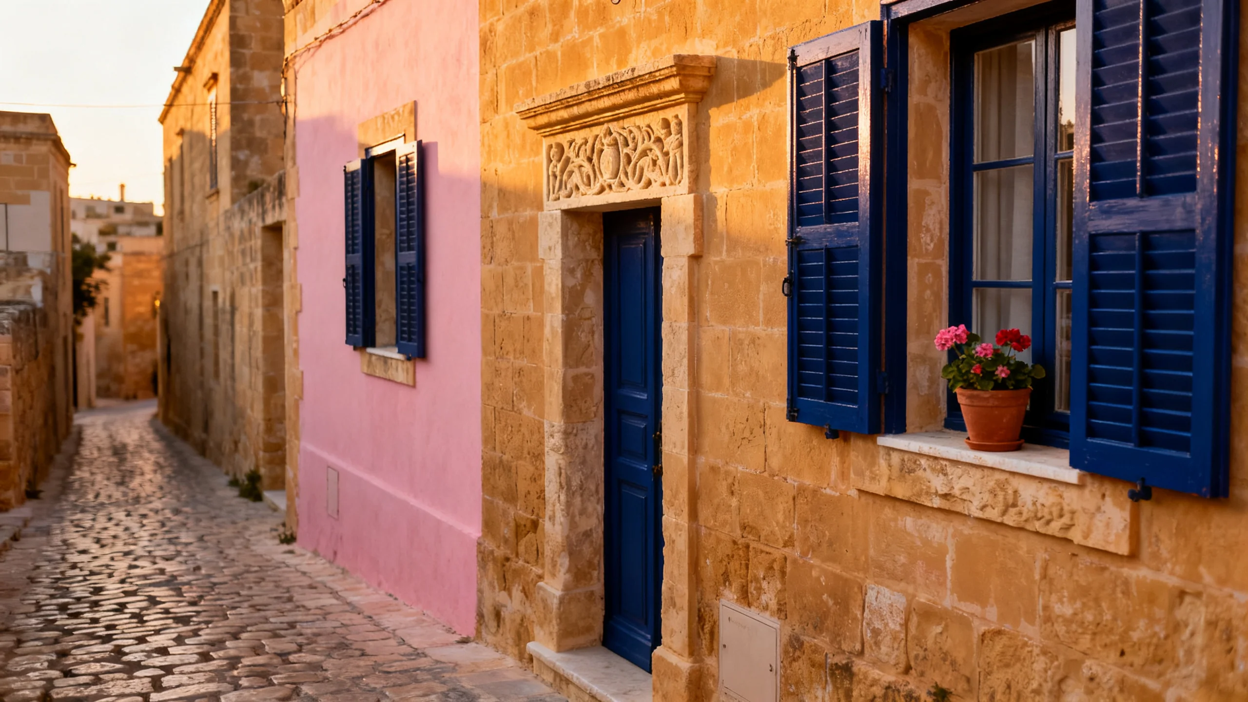 A restored limestone farmhouse in a southern Malta inland village, with traditional shutters and a small courtyard at golden hour