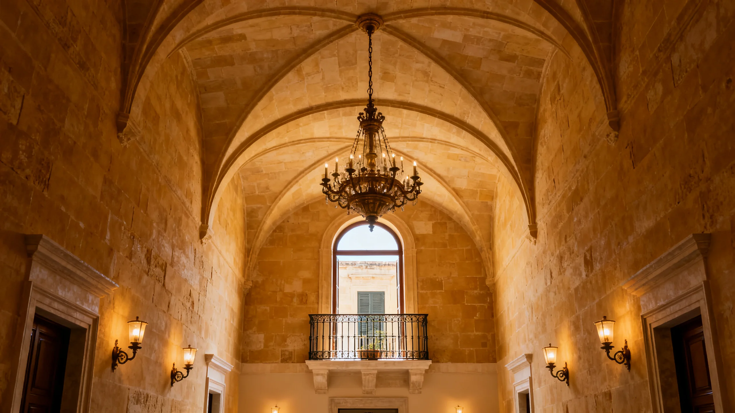 A restored 17th-century Valletta palazzo interior with vaulted limestone ceiling, antique furniture, and warm interior lighting
