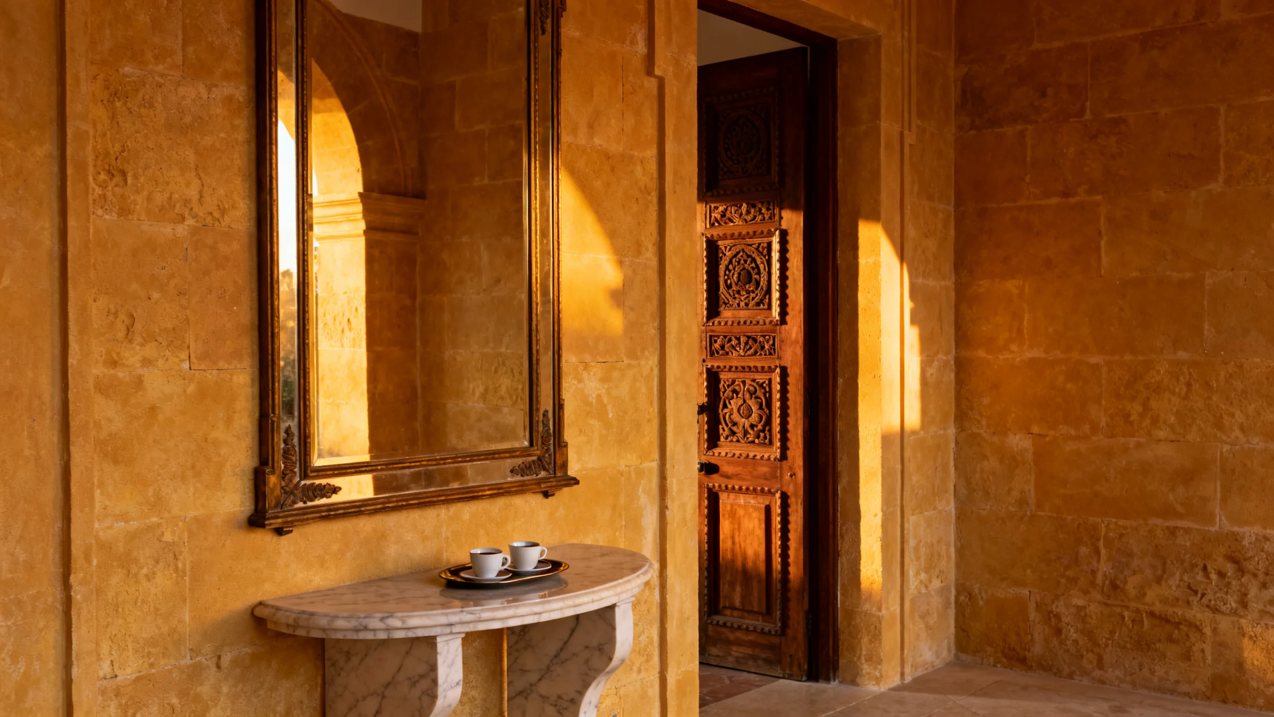 A restored Maltese palazzo interior at golden hour, with limestone walls, an antique mirror, and a tray of espresso cups on a marble side table