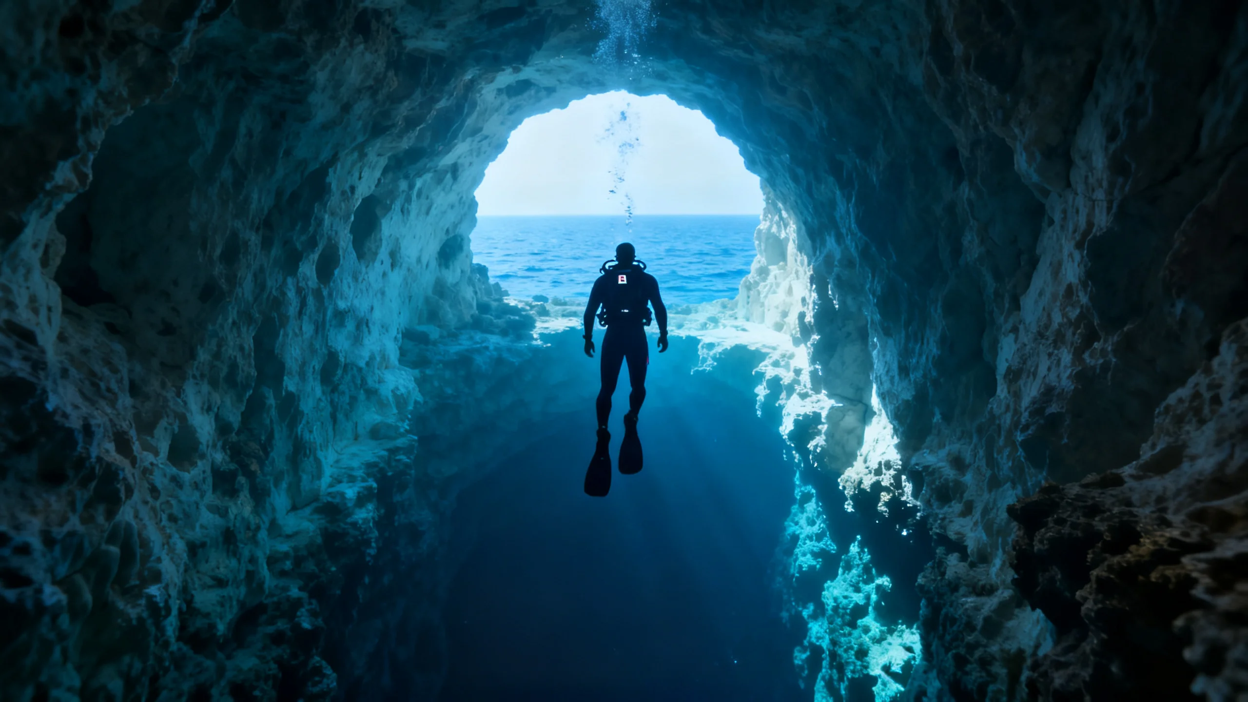 A diver descending into the Inland Sea cave tunnel at Dwejra, Gozo, with limestone walls and blue light from the open sea visible at the end