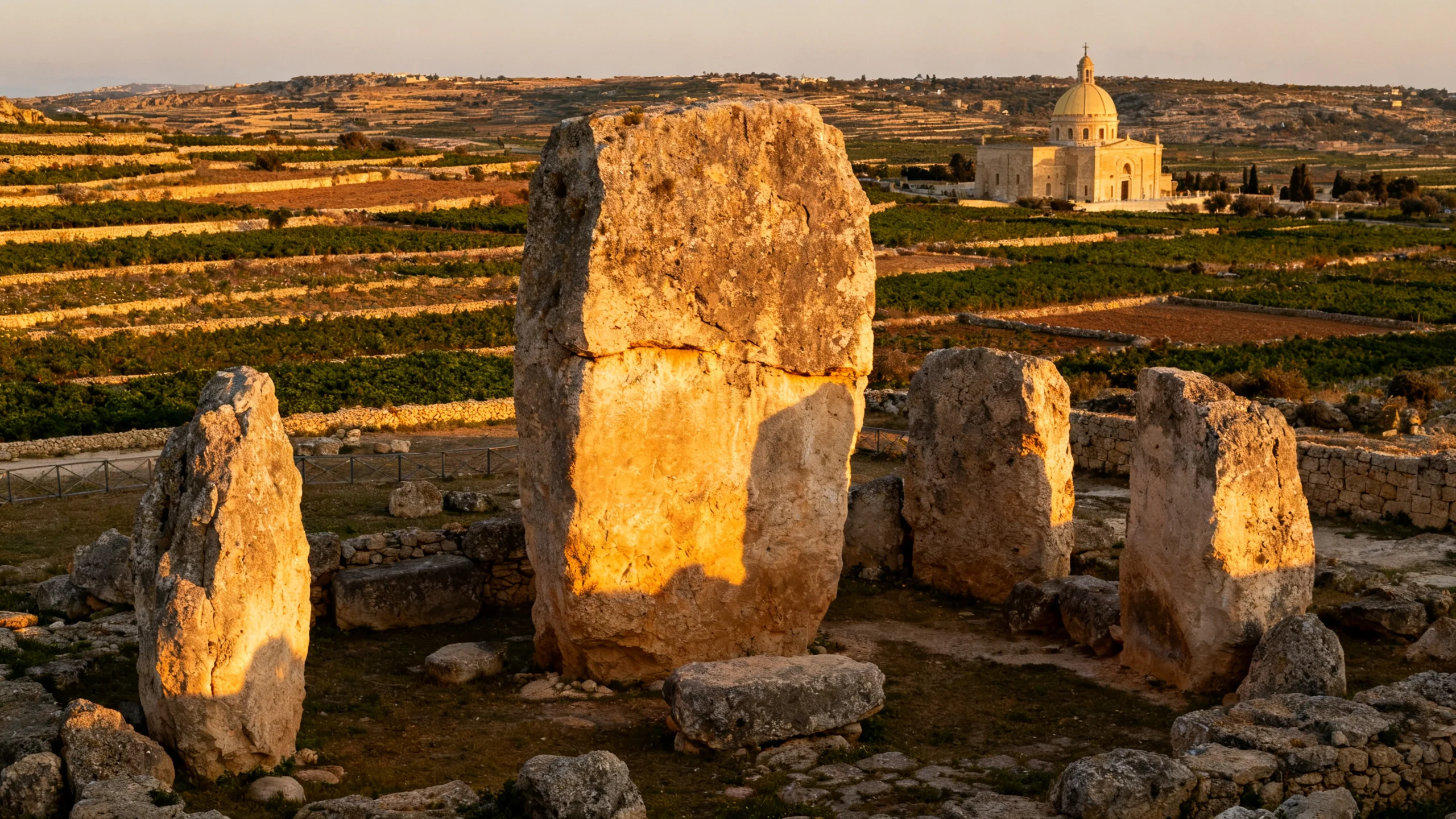 The Ggantija south temple at golden hour, the massive limestone slabs of the enclosing wall set against a Gozitan landscape
