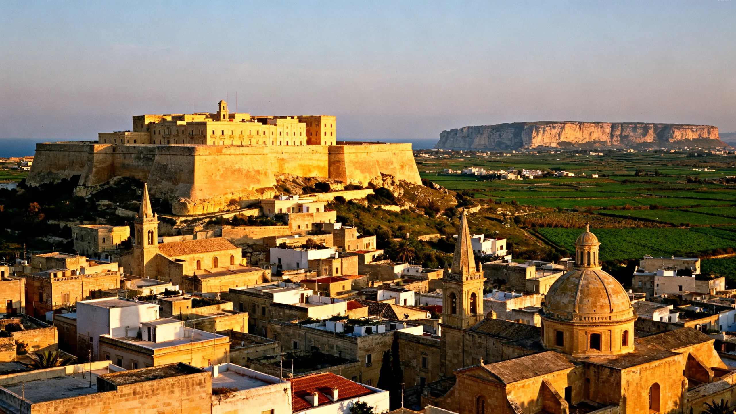 The Cittadella in Victoria, Gozo, rising above village rooftops at golden hour