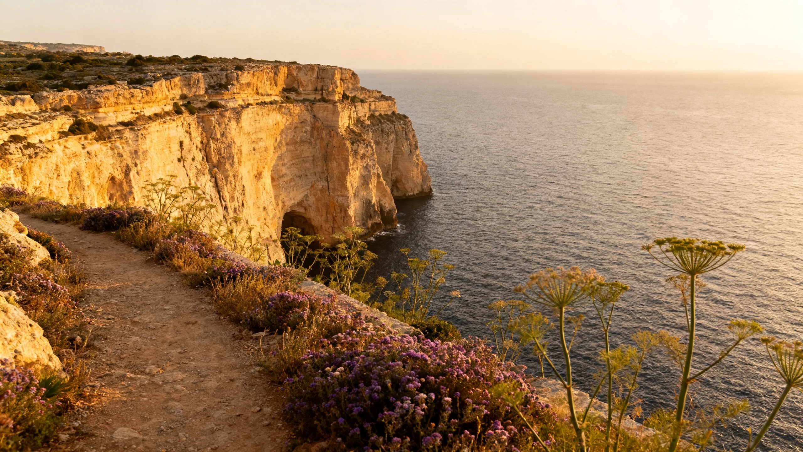 The Ta' Ċenċ cliffs on the south coast of Gozo, with the unmarked path running along the cliff edge at golden hour