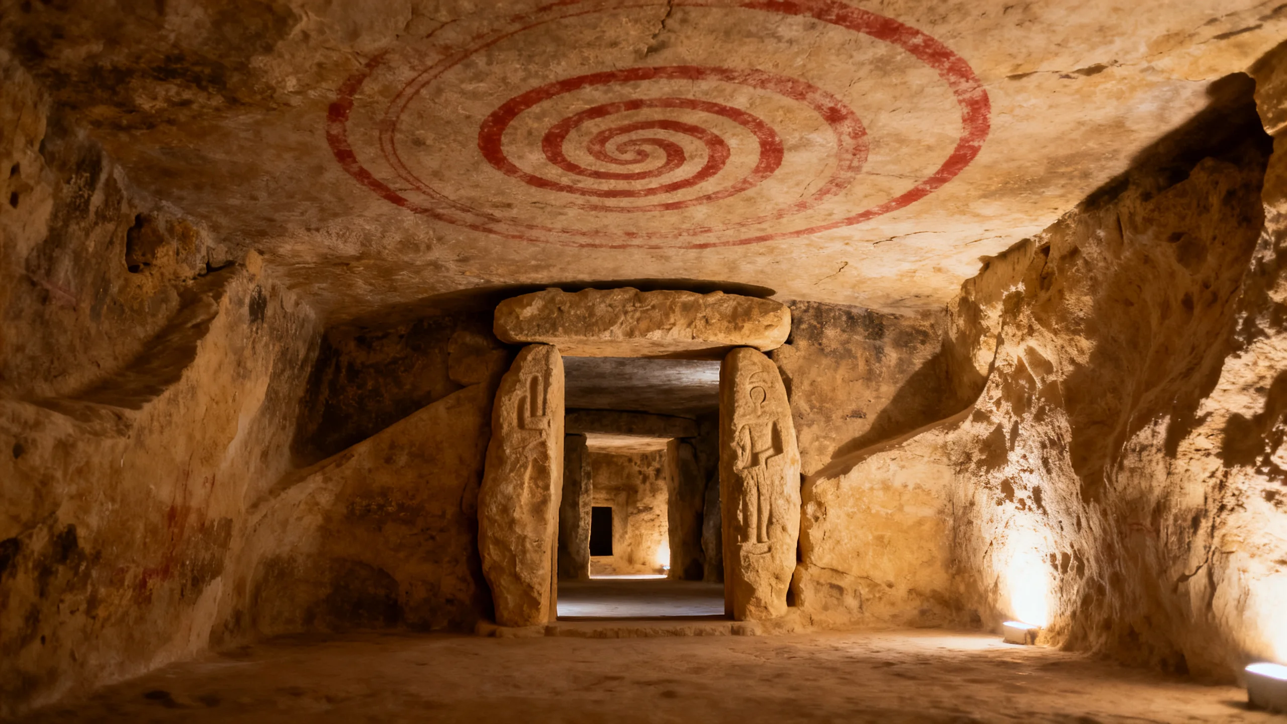 Limestone-carved underground chamber at the Hypogeum, with painted spiral motifs visible on the curving ceiling