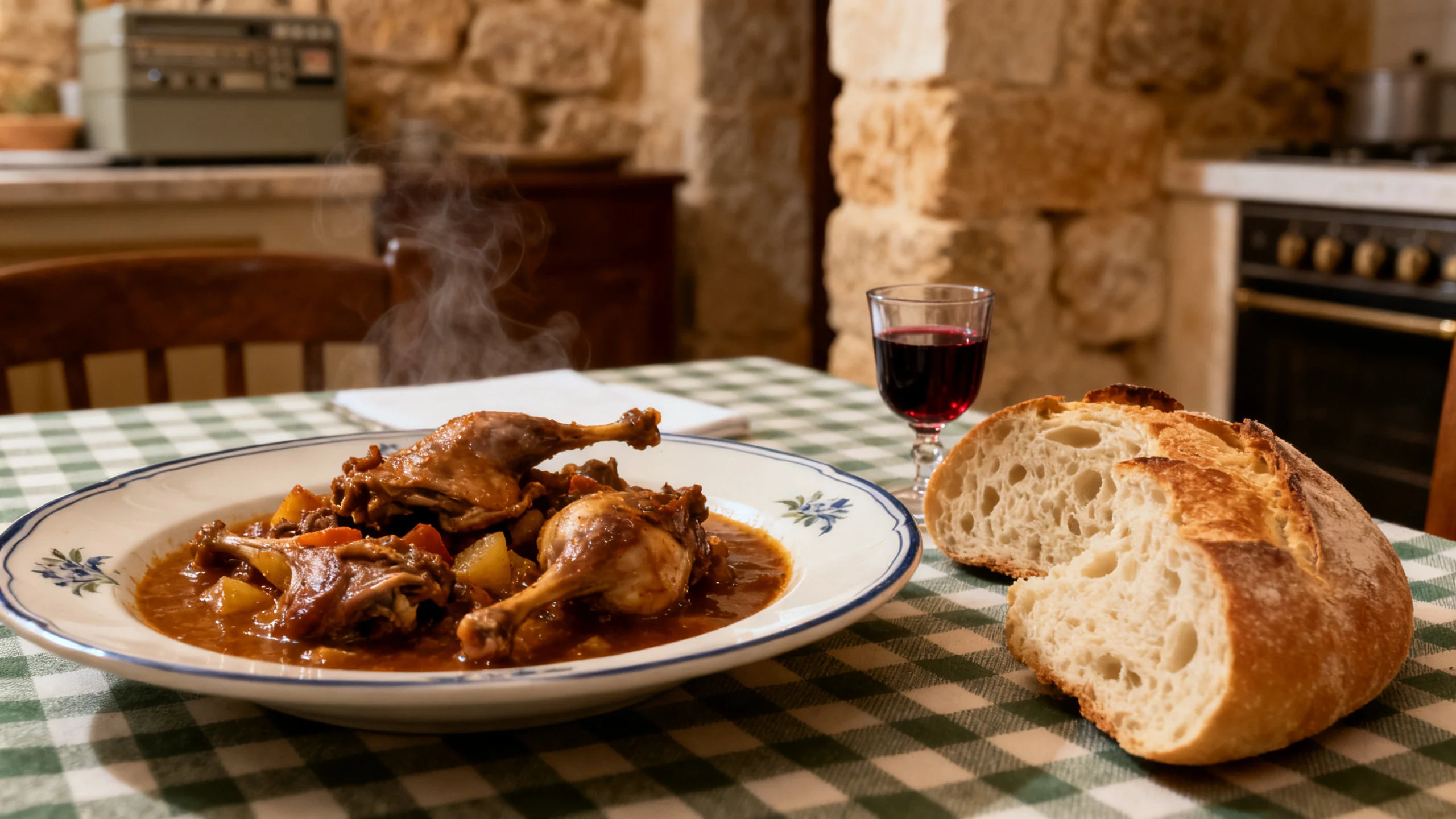 A plate of fenek bil-birra (Maltese rabbit stew with beer) at a traditional Maltese kitchen, with sourdough bread on the side