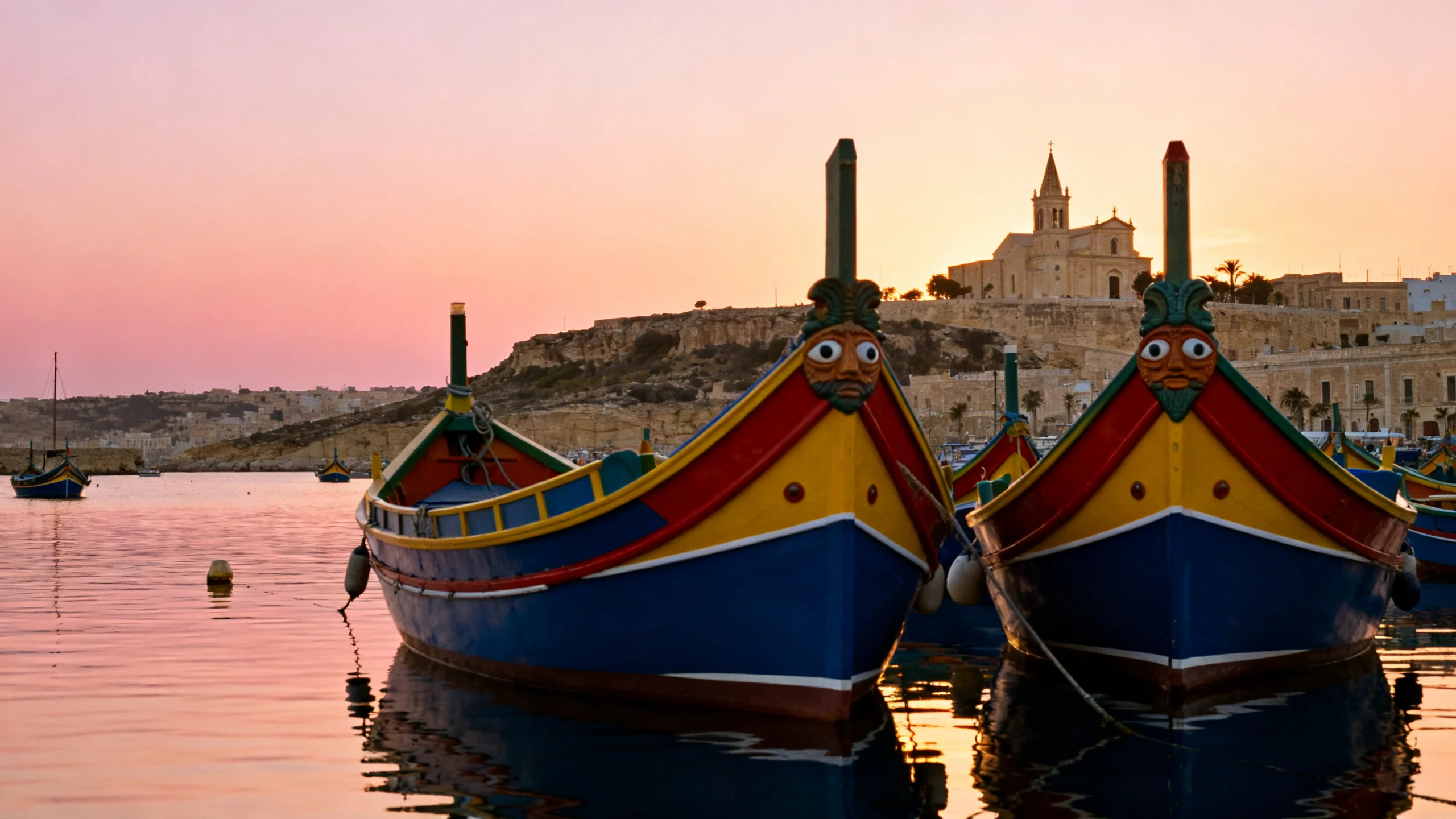 Painted luzzu boats in Marsaxlokk harbour at sunrise with the parish church of Our Lady of Pompei visible behind