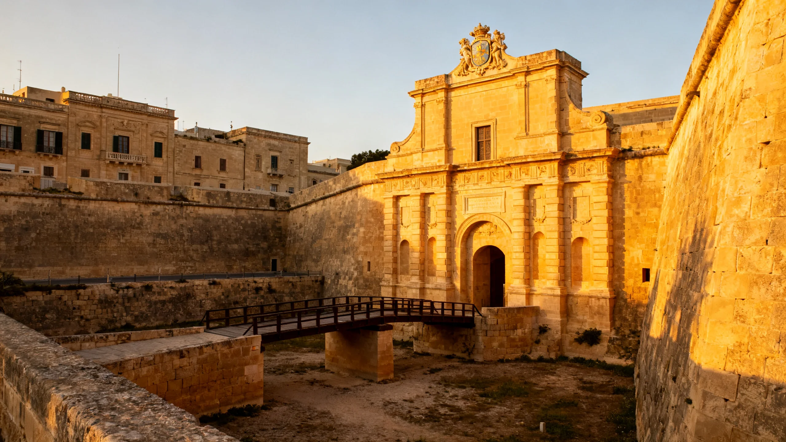 The Mdina Gate at golden hour, the baroque limestone facade lit by warm sun with the city walls rising behind
