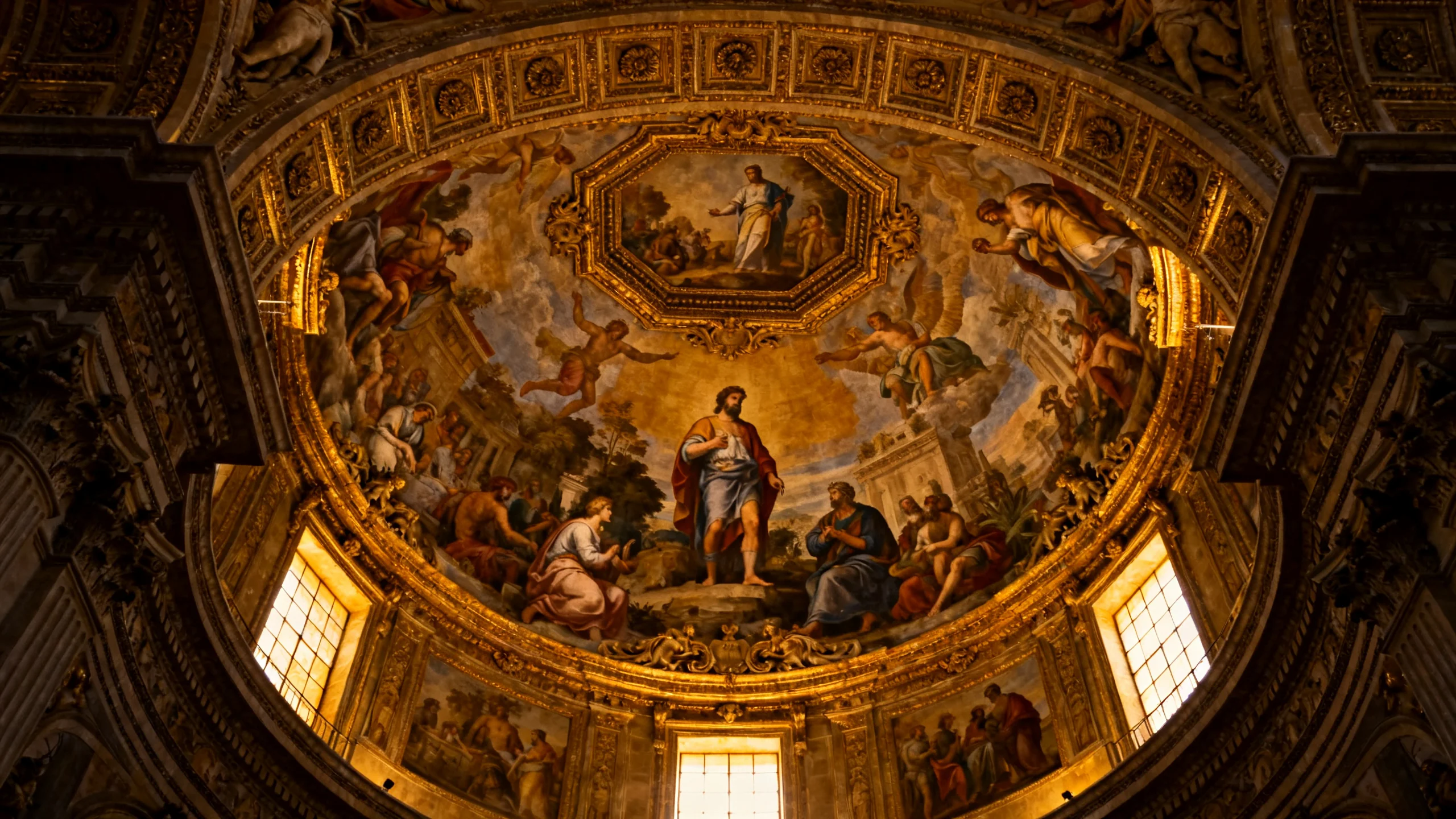 The painted vault interior of St John's Co-Cathedral showing Mattia Preti's frescoes from the life of John the Baptist