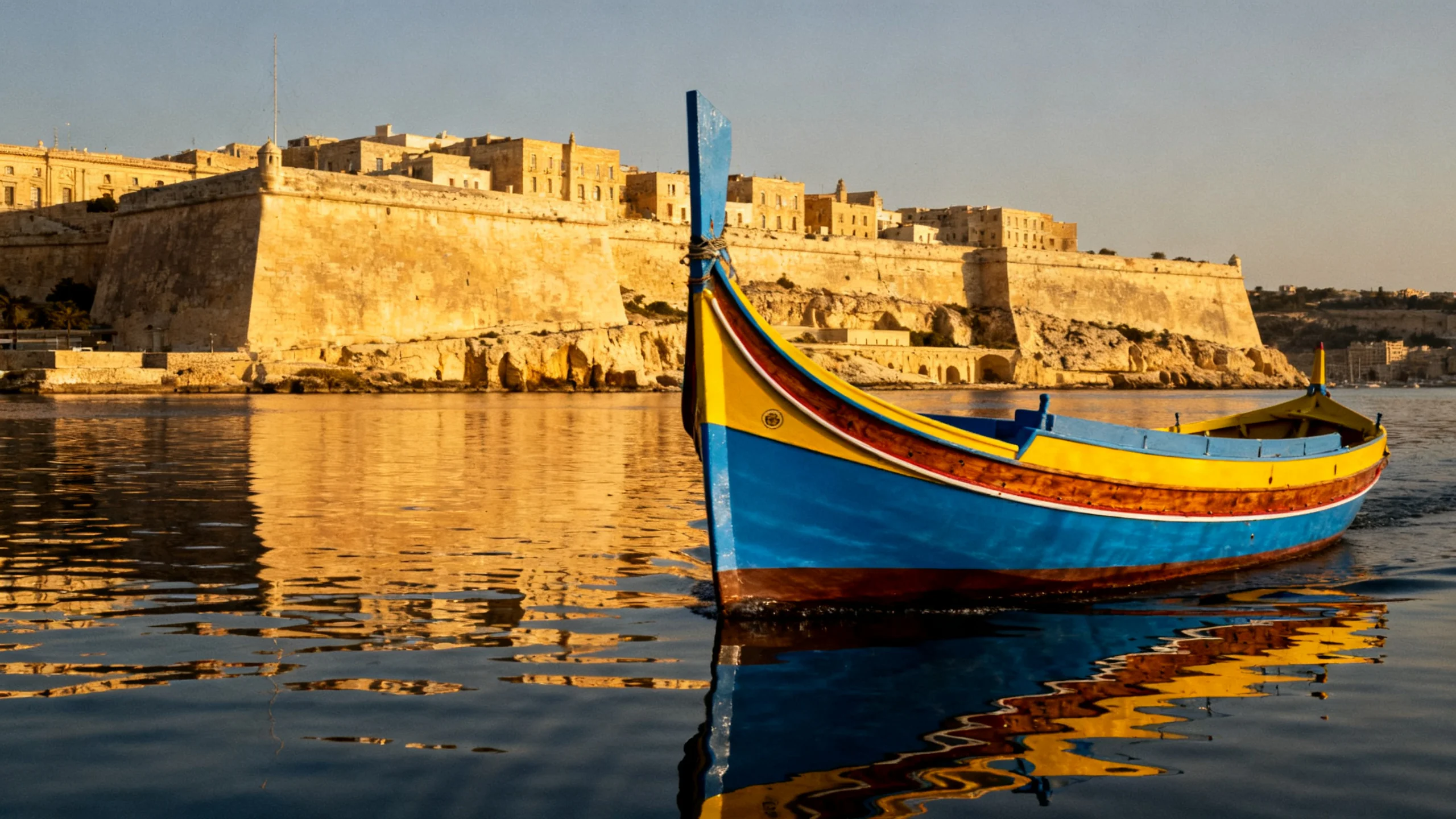 A traditional Maltese dghajsa water taxi crossing Grand Harbour at golden hour, with the bastion walls of Valletta rising behind