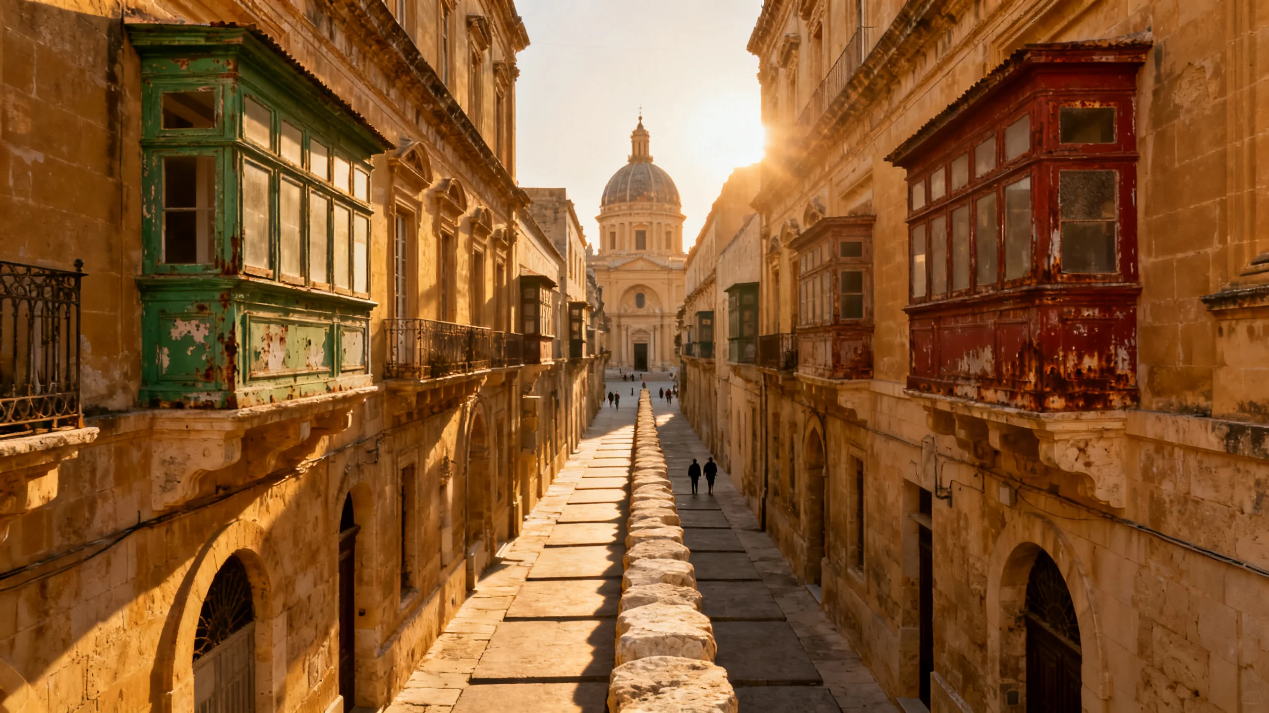 Republic Street in Valletta at golden hour, the pedestrianised spine running between honey-coloured limestone facades