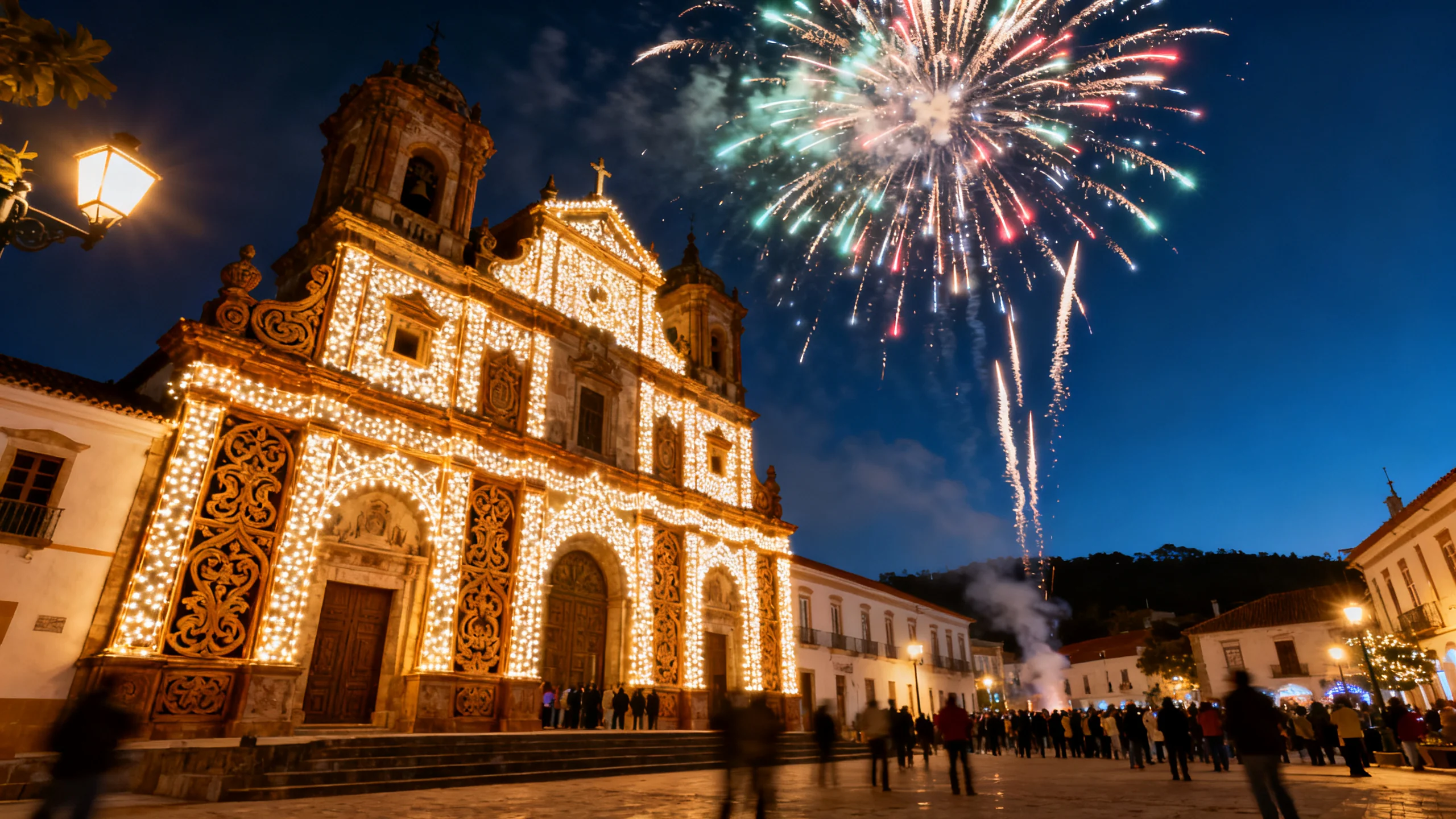 Fireworks display over a Maltese village parish church at night during a summer festa, with the illuminated baroque facade visible below