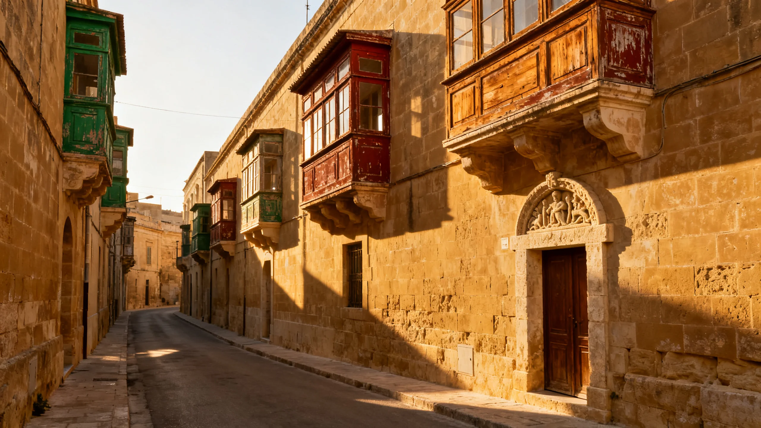 A Maltese village street with limestone facades and traditional gallarija enclosed wooden balconies in faded green and rust