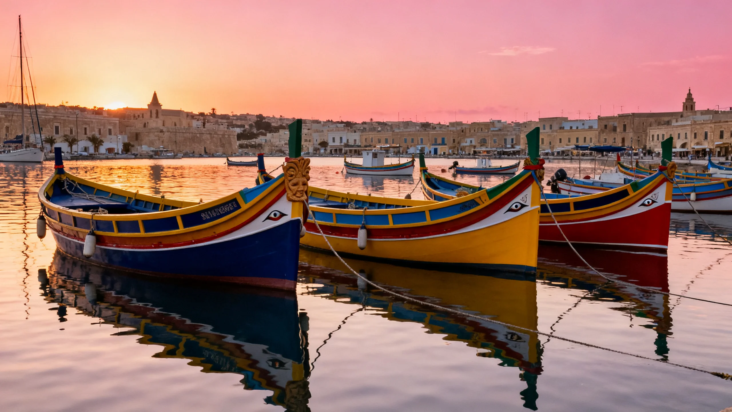 Painted luzzu fishing boats moored in Marsaxlokk harbour at sunrise, with the carved eyes on the prows visible