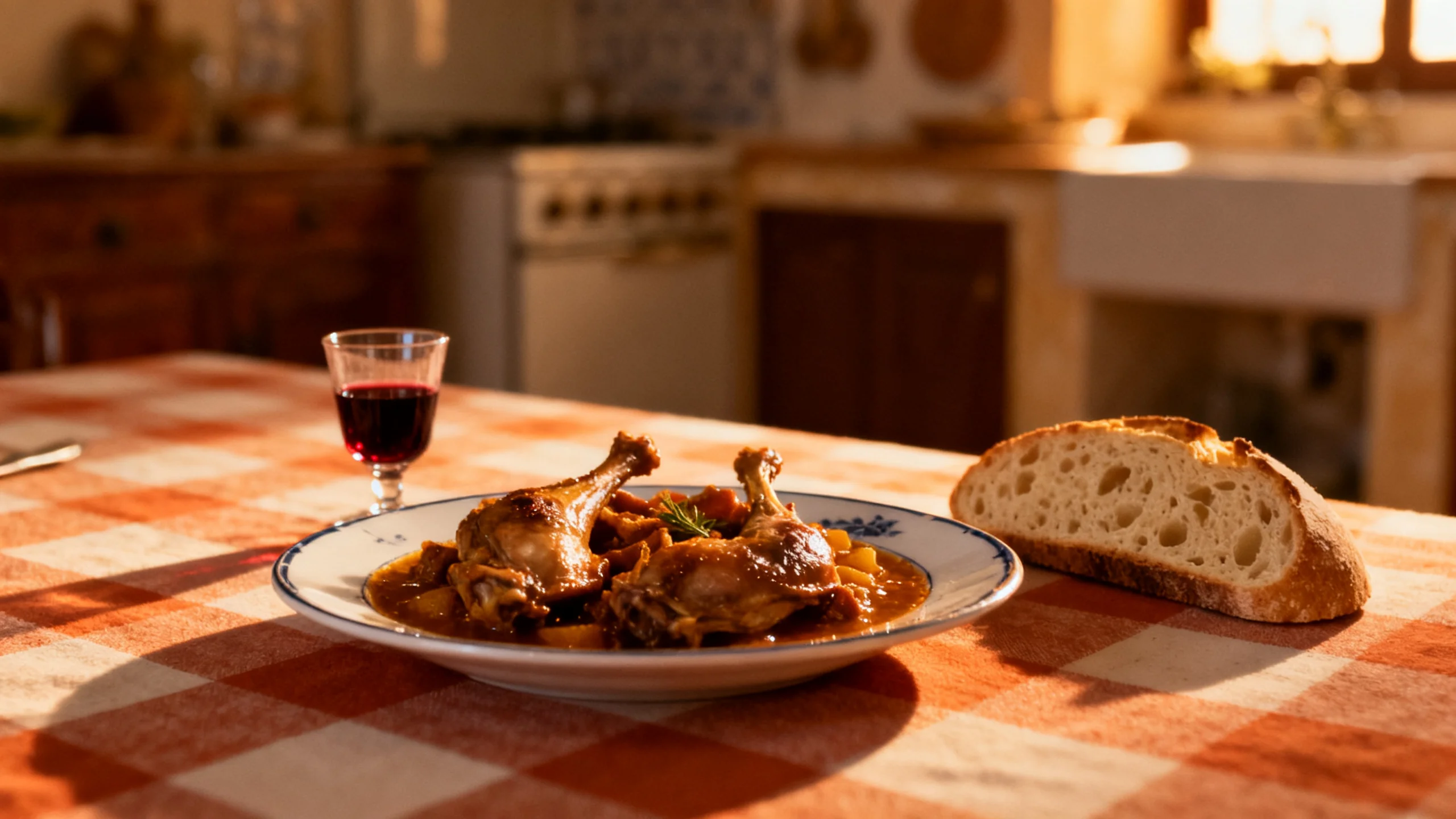 A plate of fenek bil-birra (rabbit stew with beer) at a traditional Maltese kitchen, with sourdough bread on the side