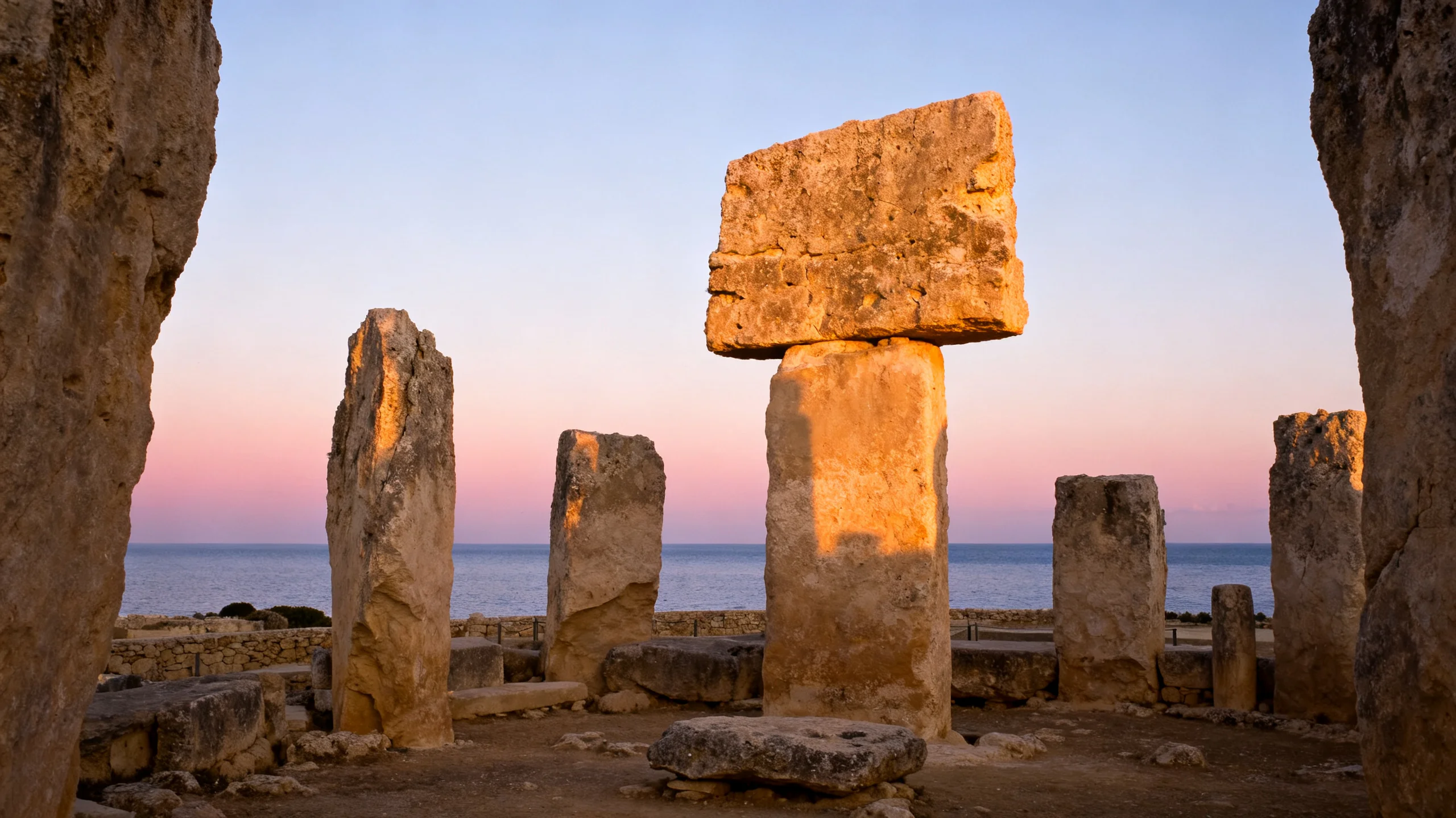 The Mnajdra temple complex at dawn, the upright limestone slabs catching first light against the Mediterranean