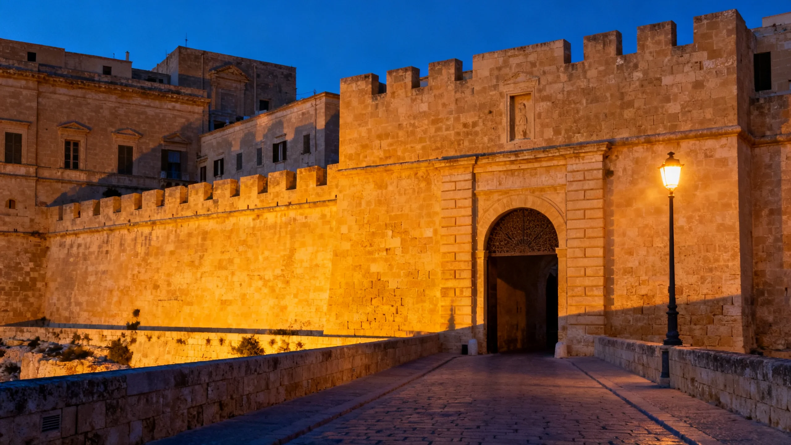 Mdina at sunset, the limestone facade glowing against the deep blue evening sky