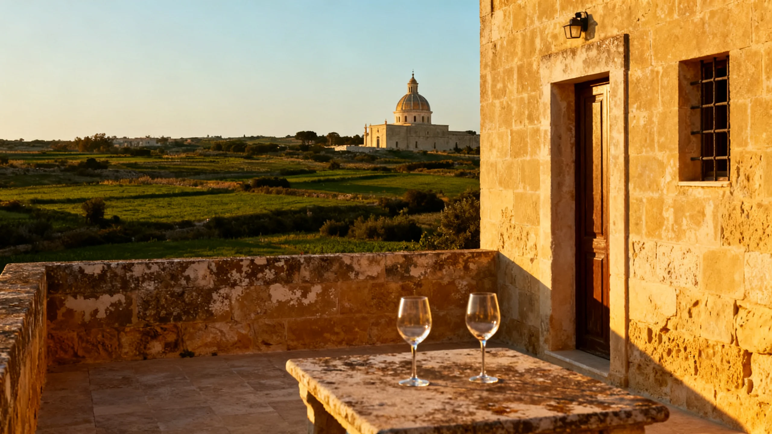 A Gozo converted farmhouse with limestone walls and a small terrace, golden hour light