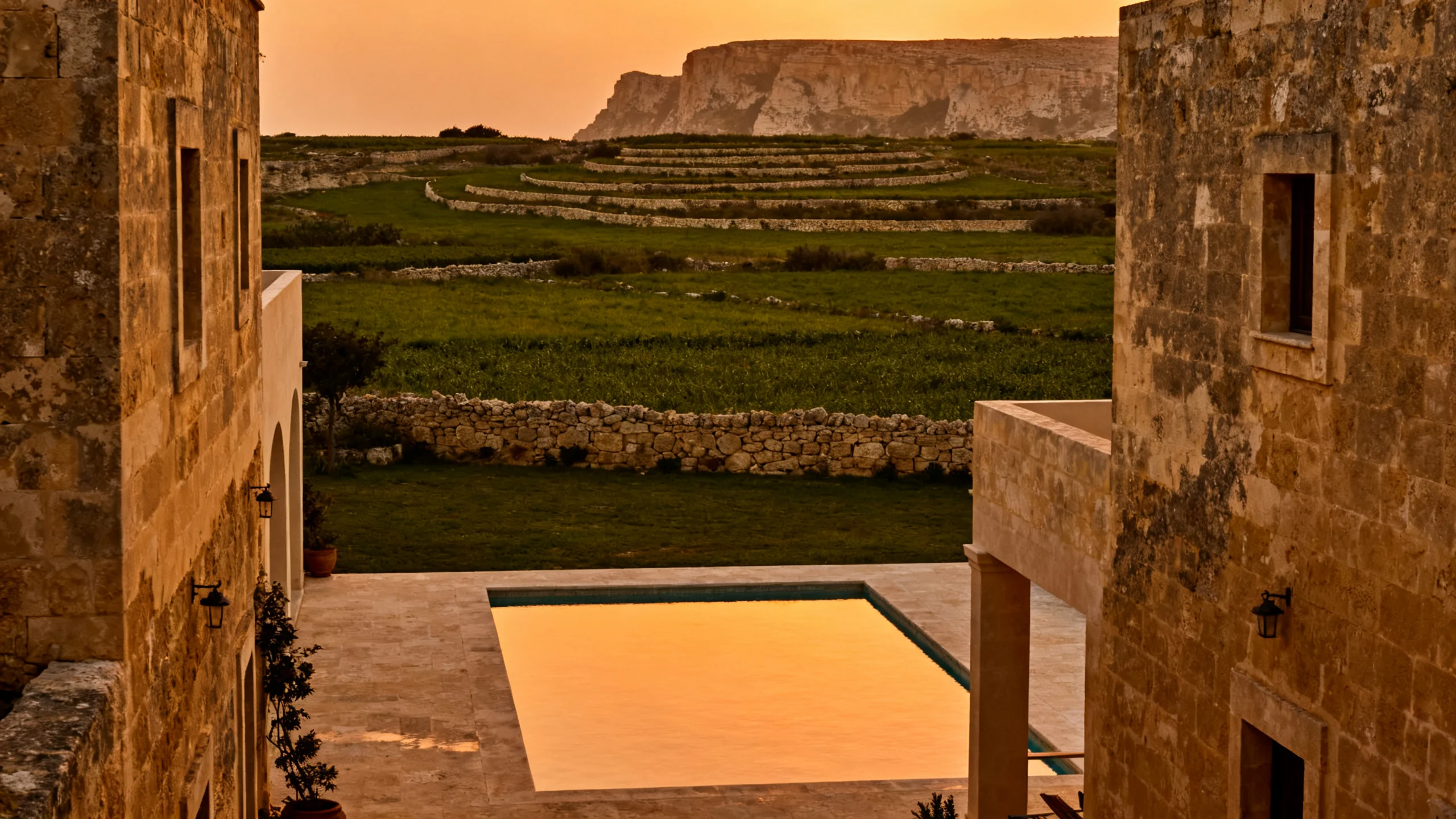 A Gozo converted farmhouse with a small private pool, limestone walls, and the green agricultural countryside stretching toward the western cliffs