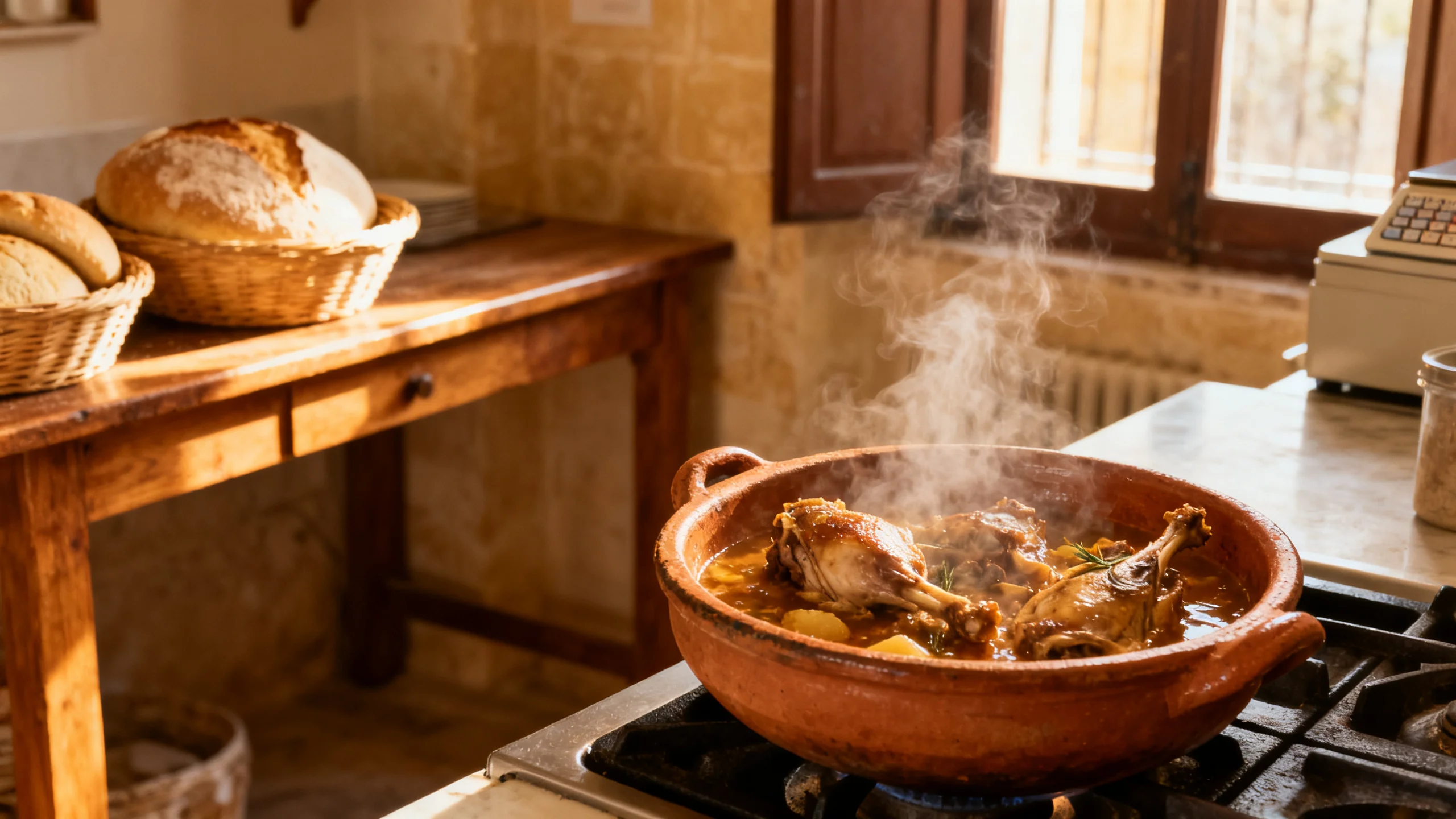 A traditional Maltese kitchen interior with rustic wooden tables, sourdough bread baskets, and the smell of slow-cooked rabbit