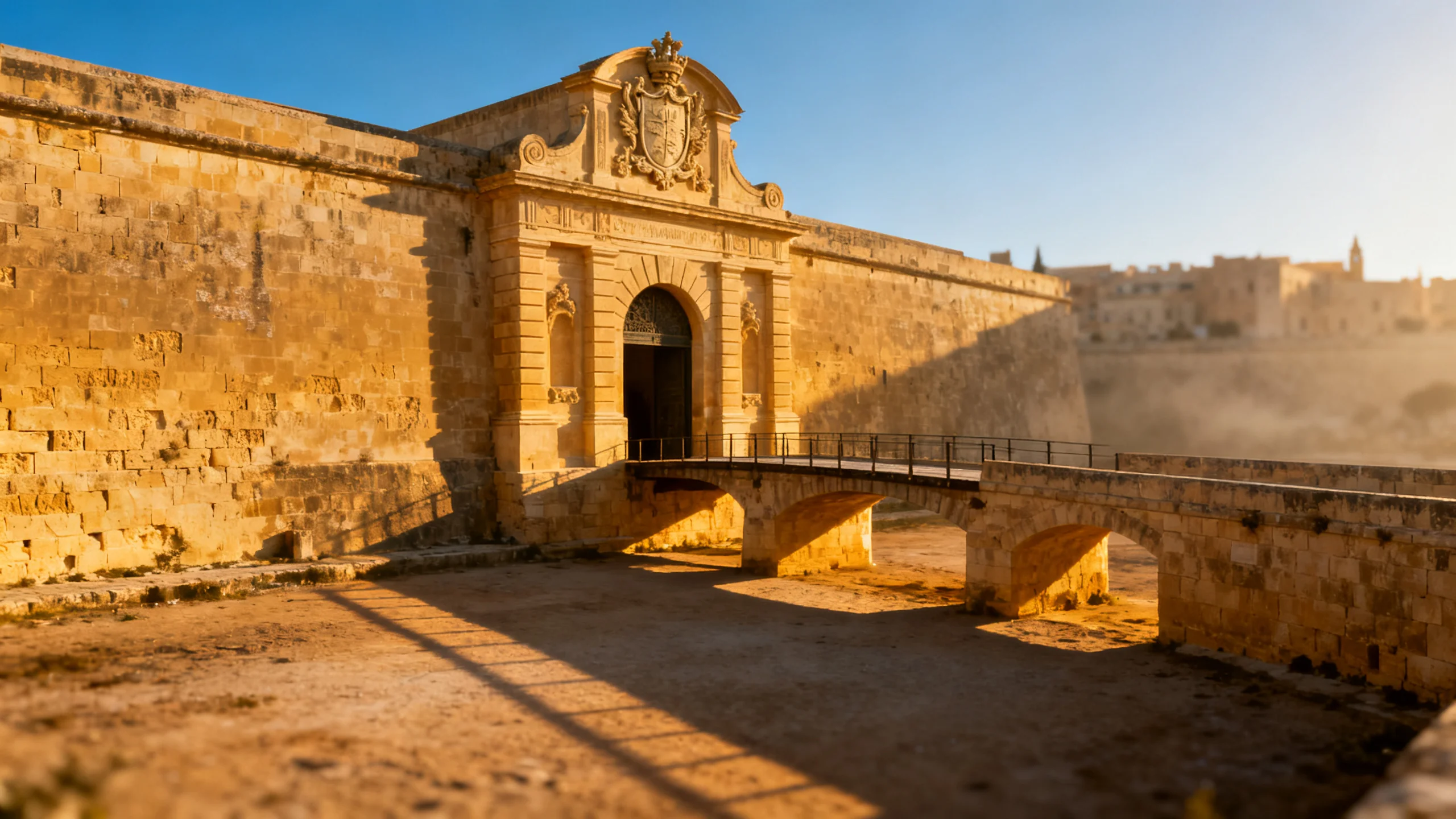 The Mdina Gate, used as the King's Landing entrance in Game of Thrones season 1, with afternoon light on the limestone facade