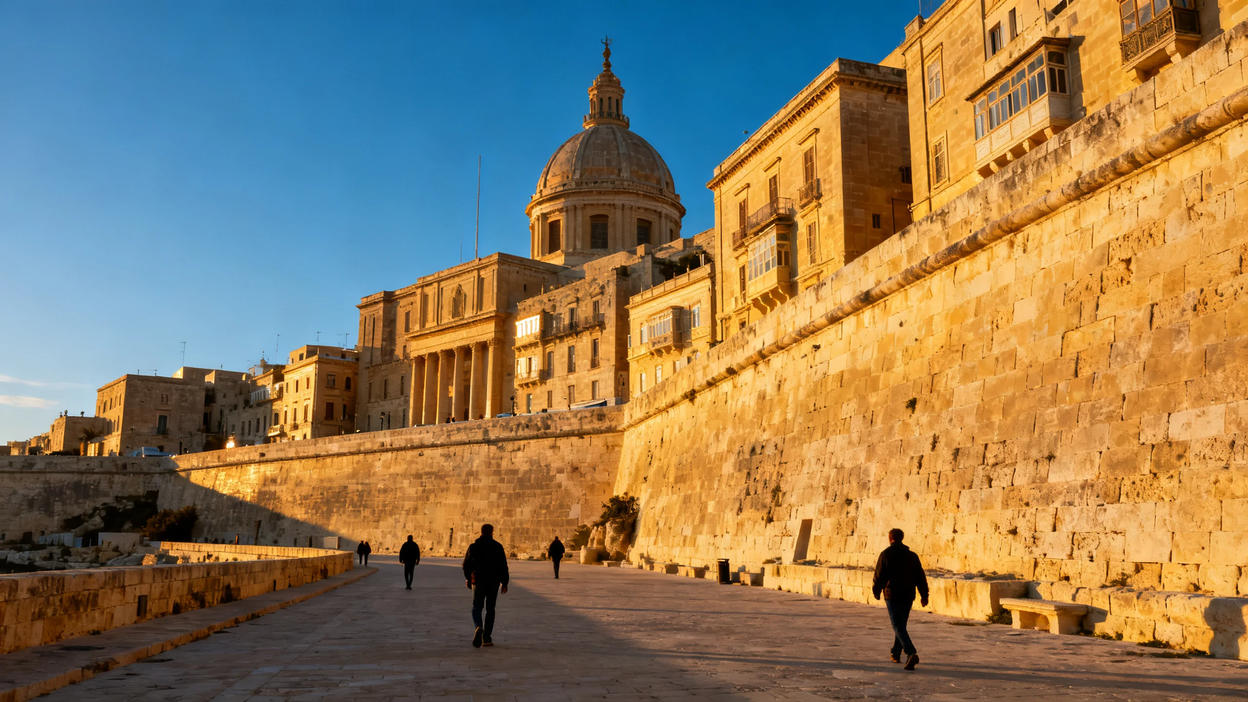 Valletta on a clear December morning, the limestone facades catching low sun, the bastions empty of tourists