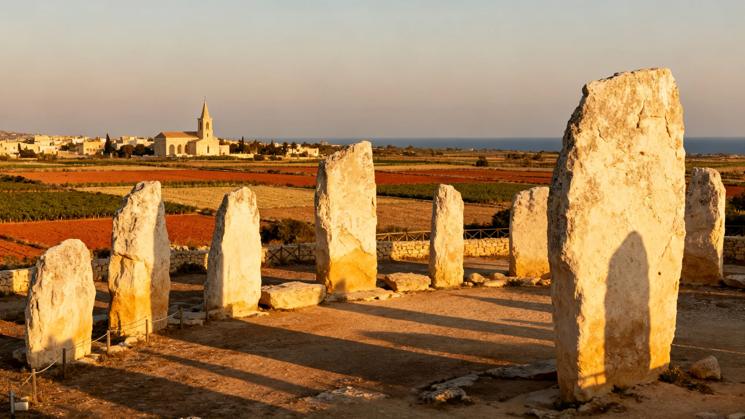 The Ta' Hagrat temple remains in Mgarr, north Malta, with limestone uprights visible against a quiet rural setting