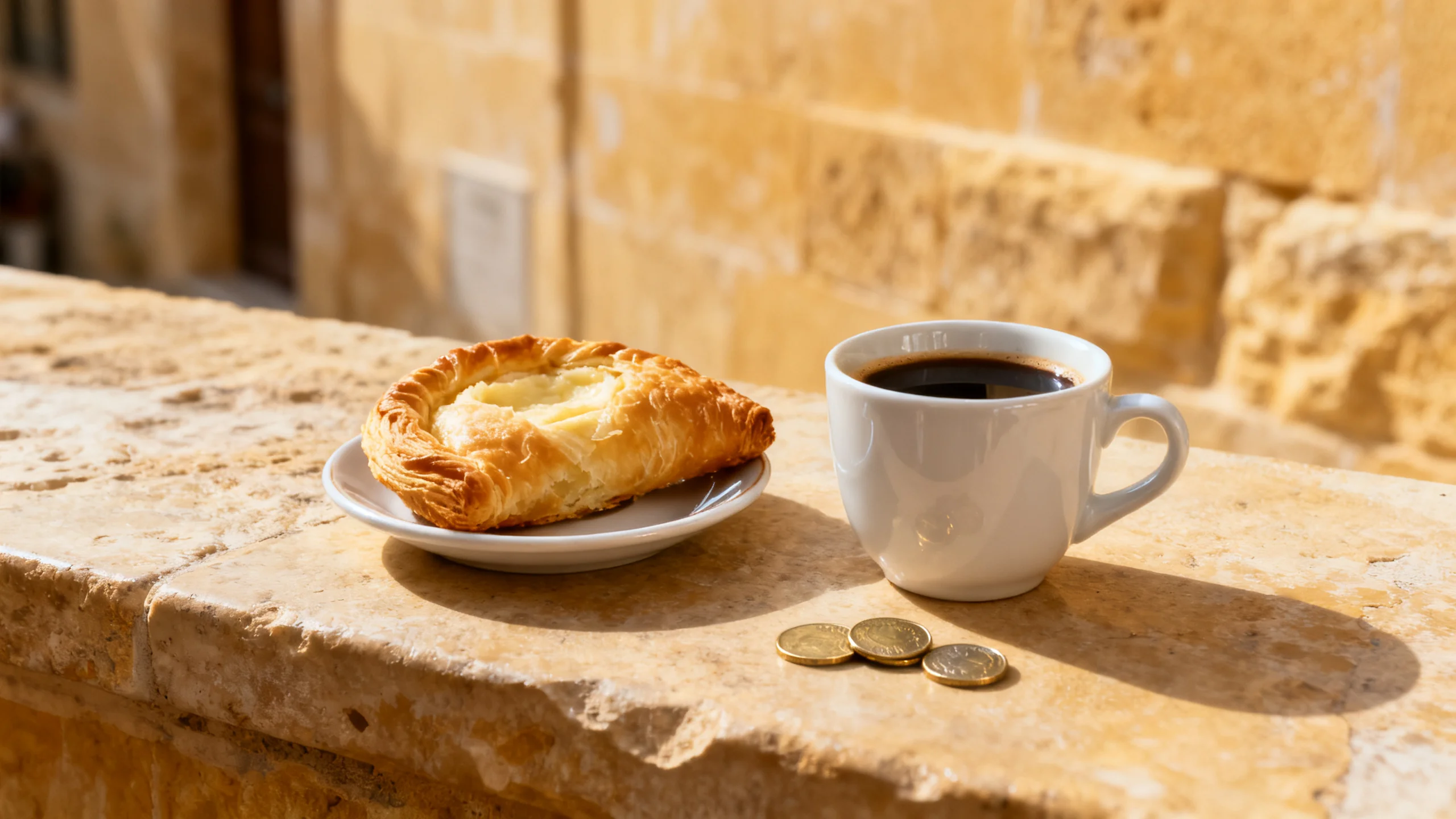 A pastizz and a small black coffee on a Maltese café counter at mid-morning, a few euro coins on the honey-limestone surface beside