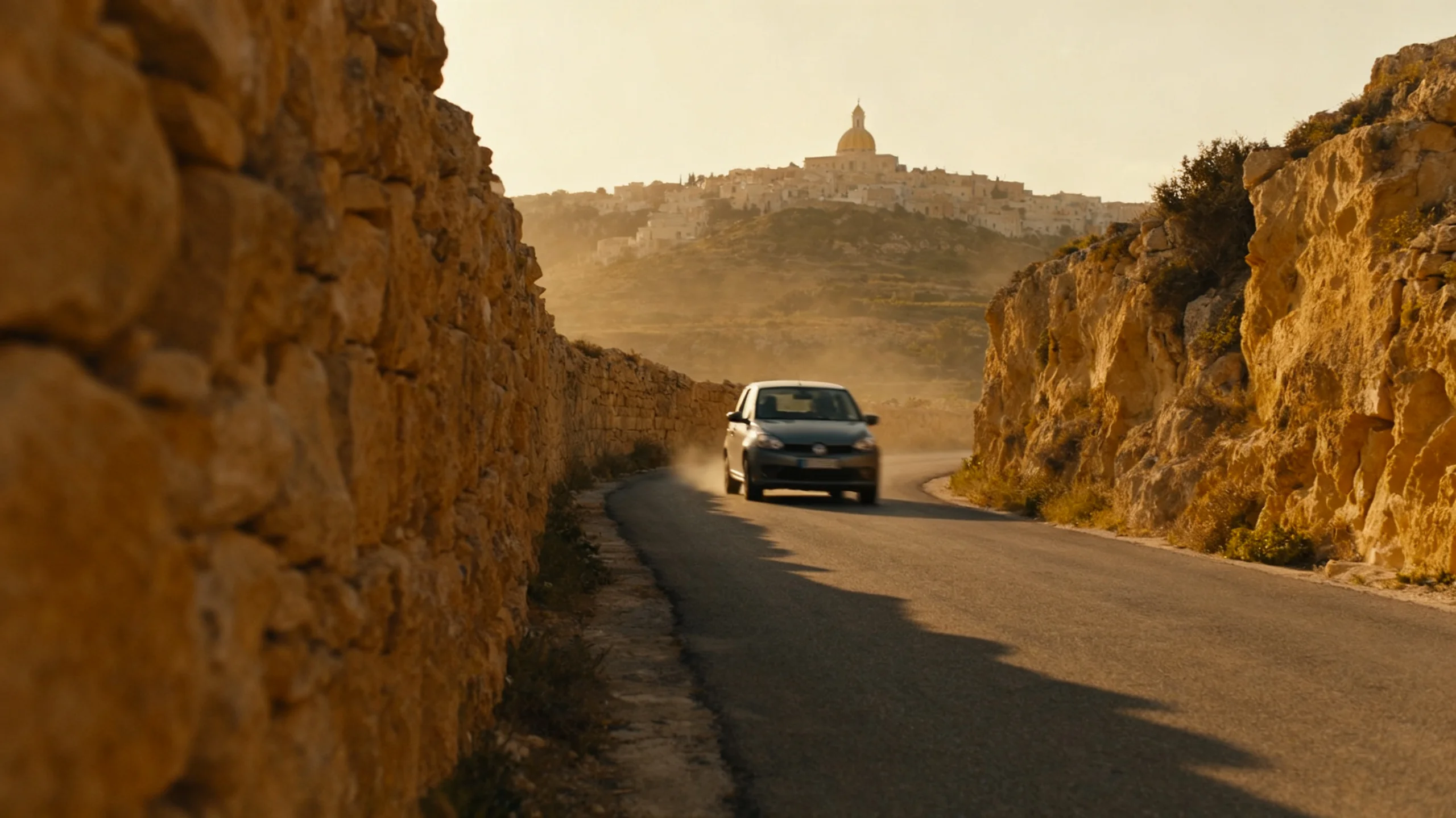 A narrow Maltese country road winding between limestone rubble walls in the central island, late afternoon light