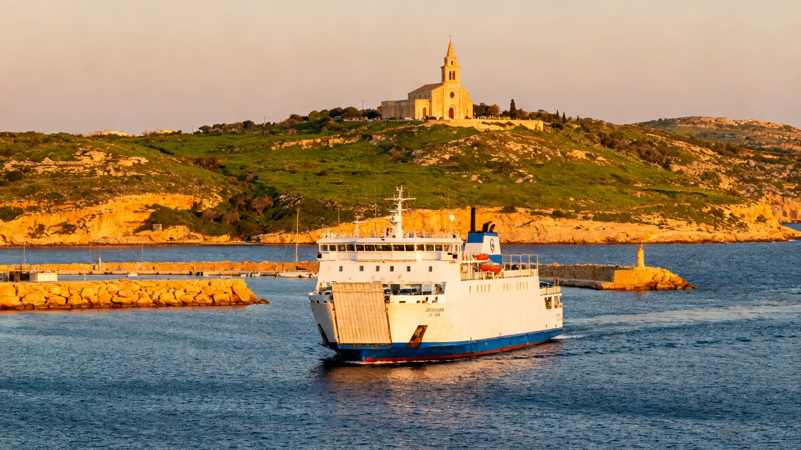 The Gozo Channel car ferry approaching Mgarr harbour at golden hour, the green Gozitan hills rising behind