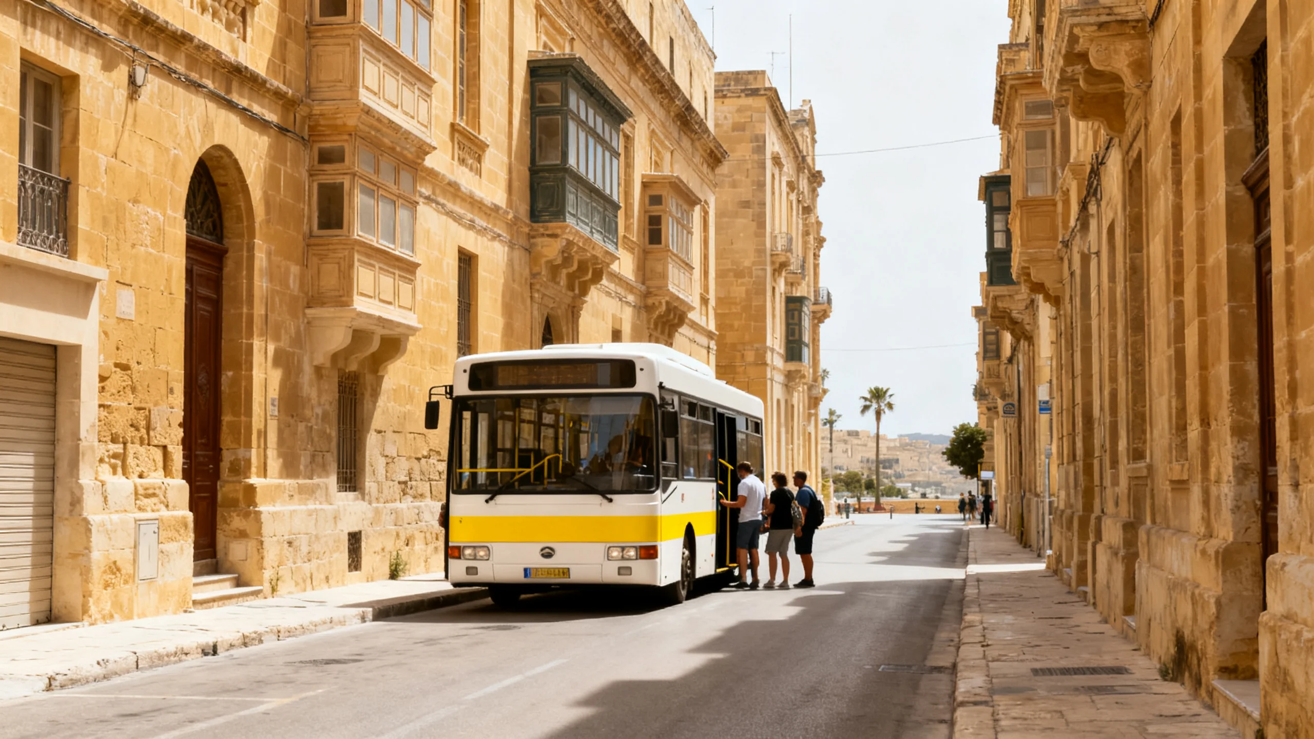 A Maltese public bus on a Valletta street at mid-morning, honey limestone facades on either side