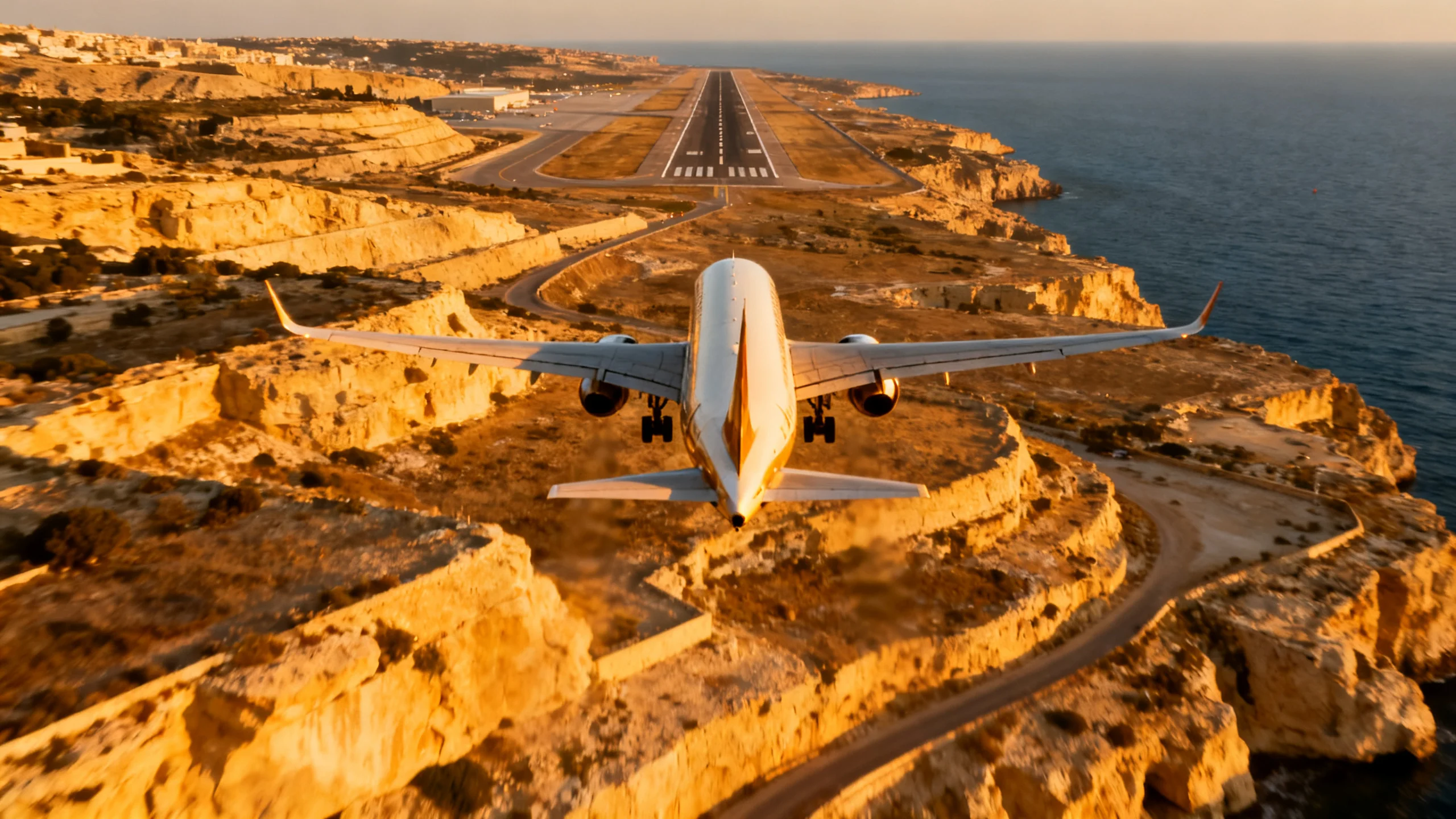 A passenger aircraft on final approach to Malta International Airport at golden hour, the honey limestone landscape of southern Malta visible below