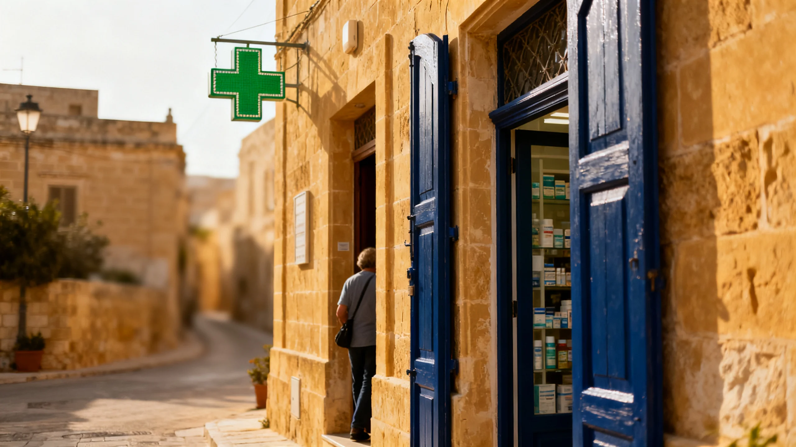 A small Maltese village pharmacy with a green pharmacy cross sign mounted on a honey-limestone facade, traditional deep-blue shutters