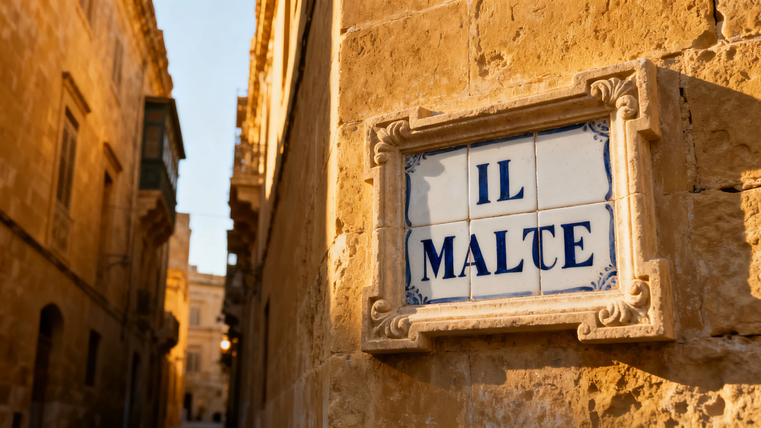 A hand-painted Maltese street-name tile in dark blue on white ceramic, set in a honey-limestone wall of a Valletta side street at golden hour