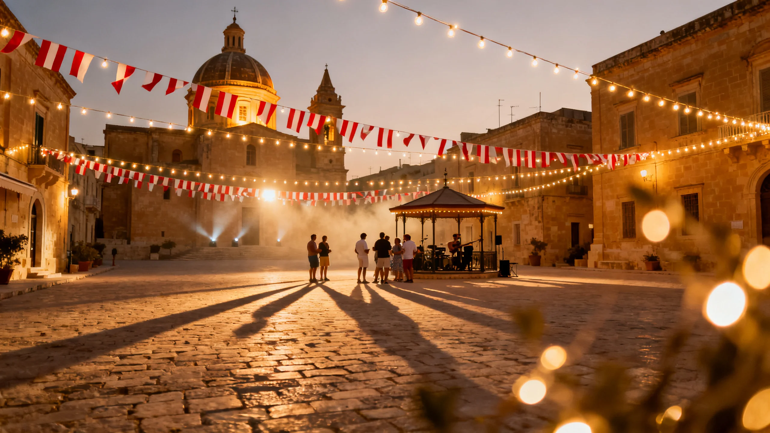 A Maltese village square decorated for a summer festa at dusk, festoon lights overhead and red-and-white banners across the limestone facades