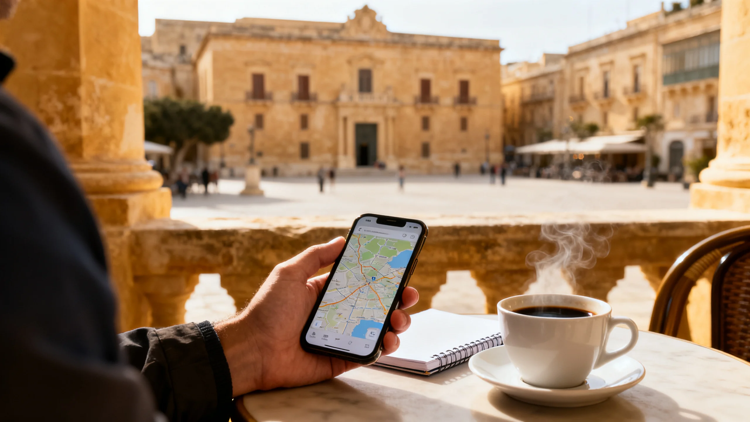A traveller holding a phone showing a map at a Valletta café table, honey-limestone facade visible across the square in the background