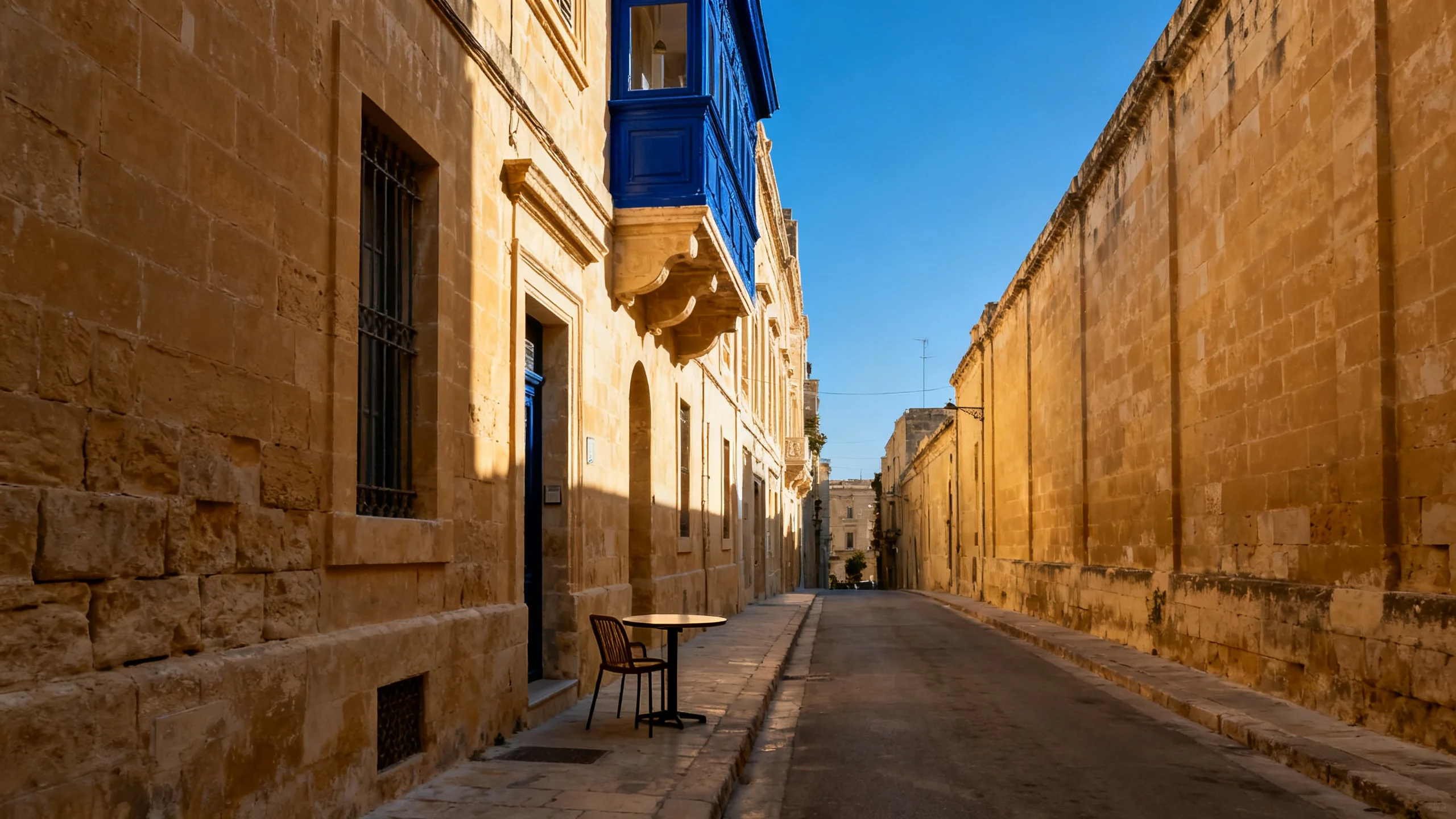 A quiet Valletta side street in shoulder-season morning light, empty honey-limestone facades with a deep-blue gallarija balcony