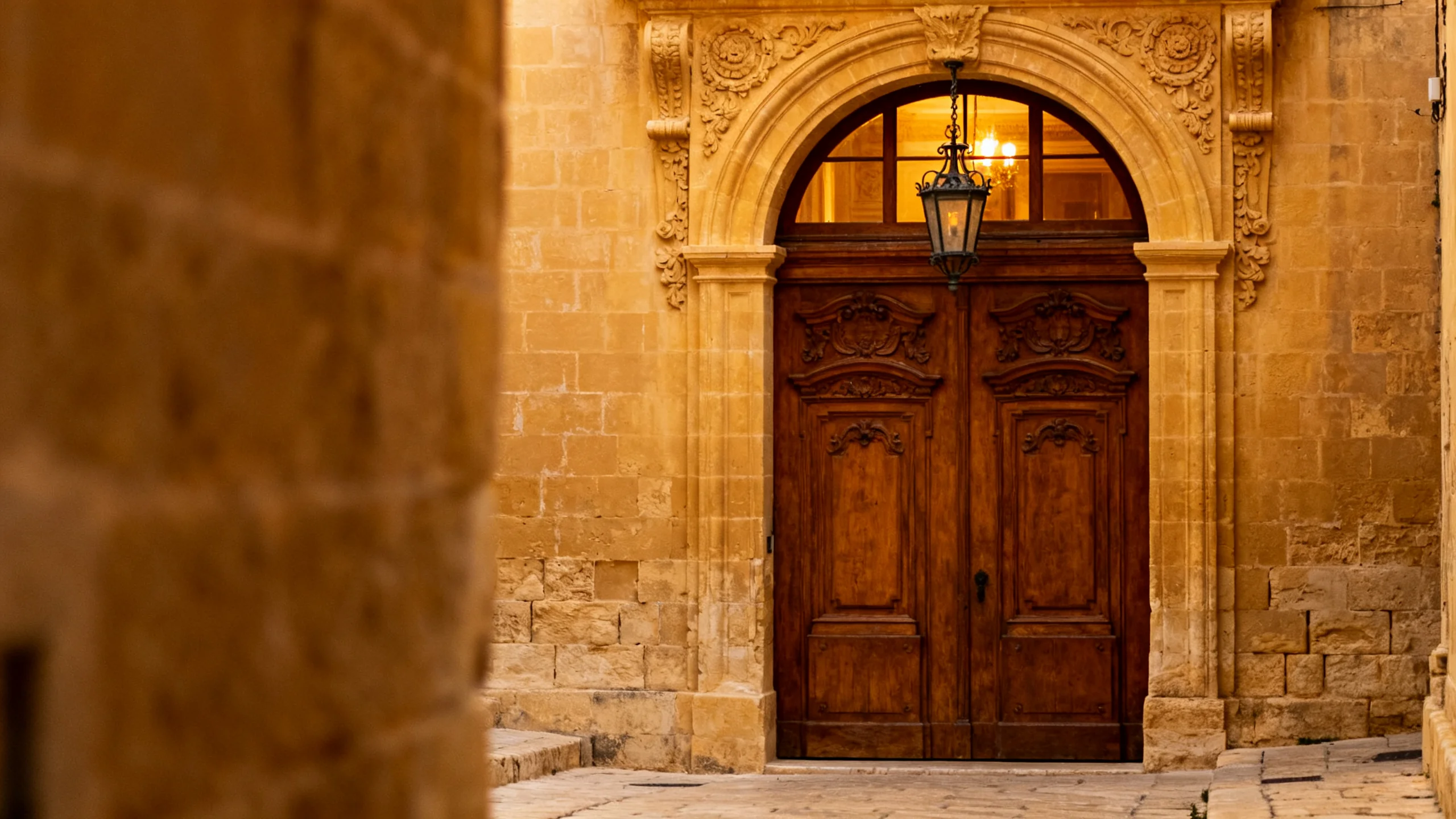 Ein restaurierter Palazzo-Eingang aus dem 16. Jahrhundert innerhalb der Mdina-Mauern, mit Kalksteinbogen und antiker Eisenlaterne