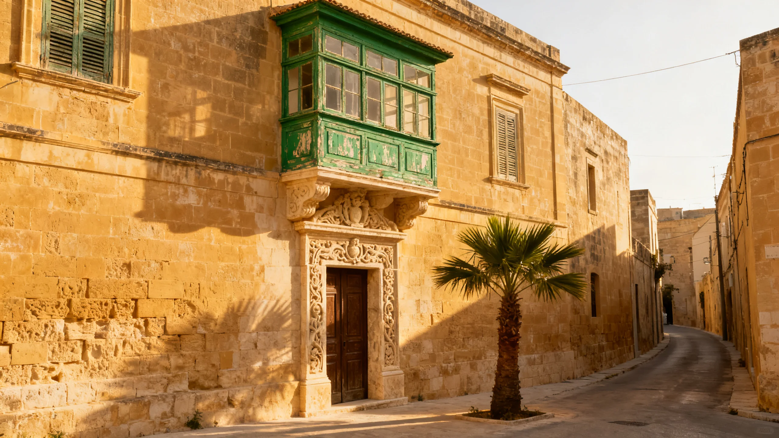 A Mellieha village townhouse with traditional limestone facade and gallarija balcony, mid-afternoon