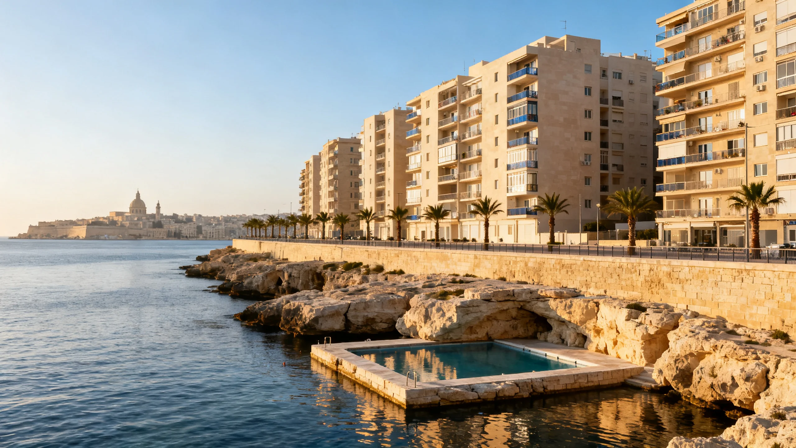 Tower Road apartments along the Sliema seafront, mid-morning, with the swimming platforms visible below