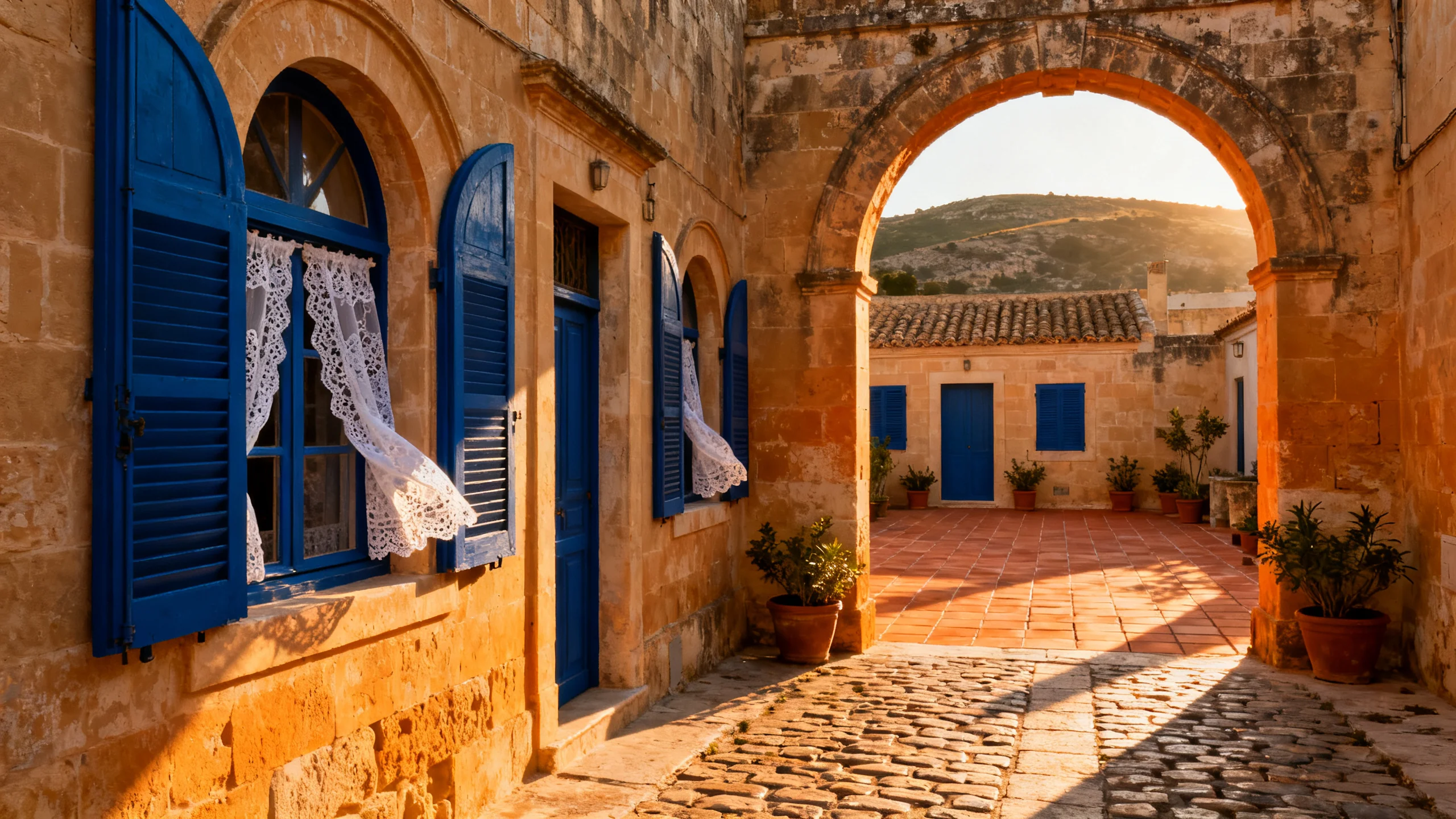 A restored limestone farmhouse with traditional bizzilla lace curtains and a small courtyard, in a southern Malta village