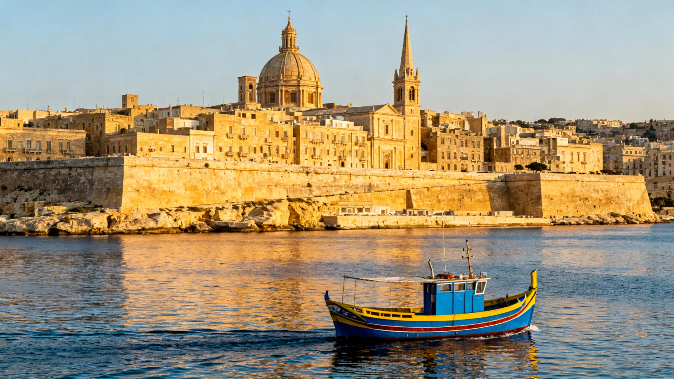 The honey-coloured limestone facades of Valletta seen from across the Grand Harbour at golden hour, with church domes rising above the bastion walls