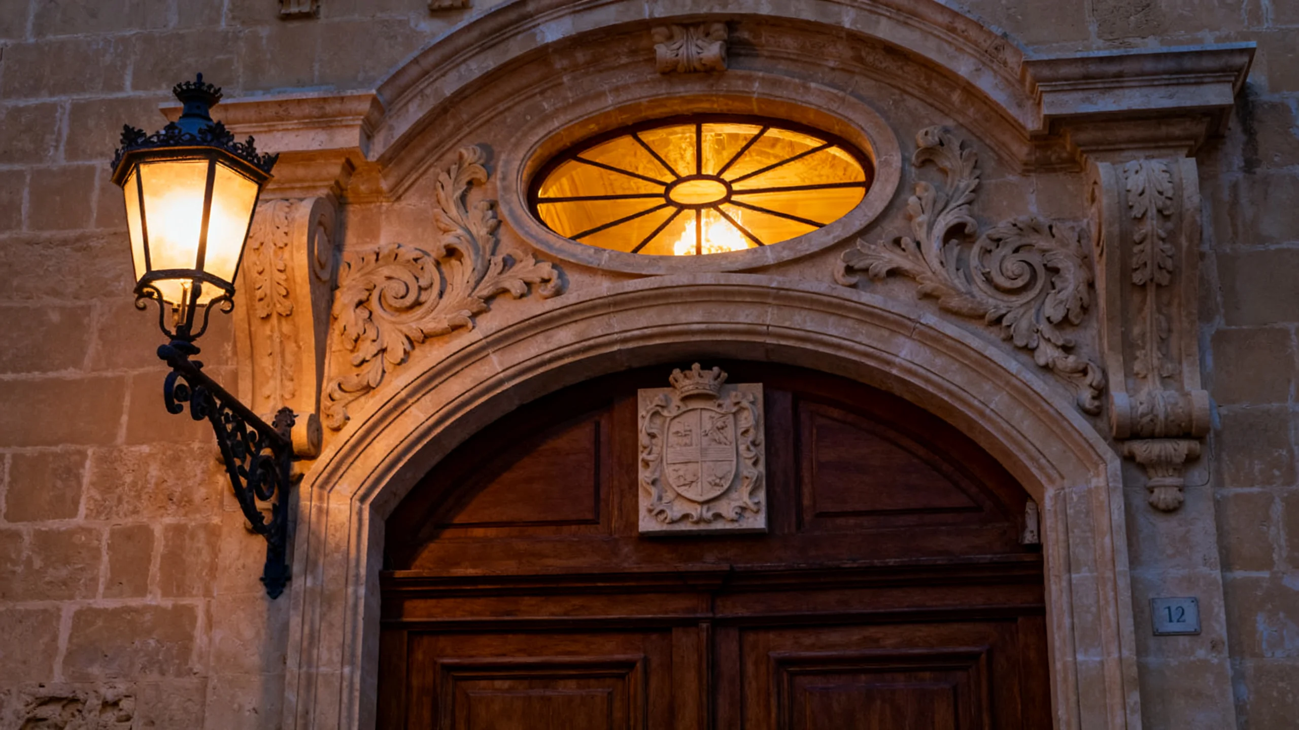 A restored Valletta palazzo entrance at dusk, with a limestone facade and an antique street lamp